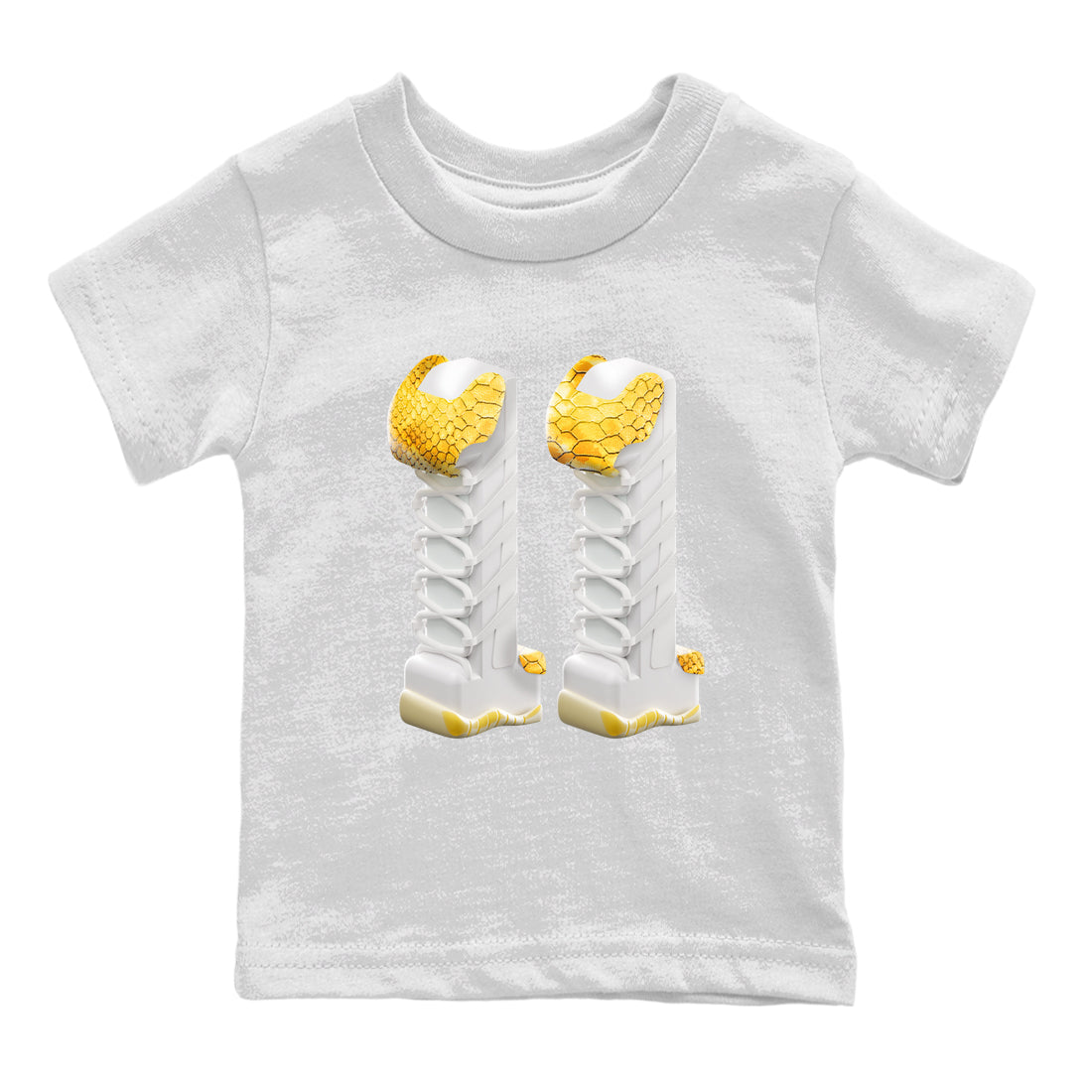 Air Jordan 11 Yellow Python Sneaker Match Tees 3D Number 11 Shirts AJ11 Yellow Python Drip Gear Zone Kids Shirts White 2