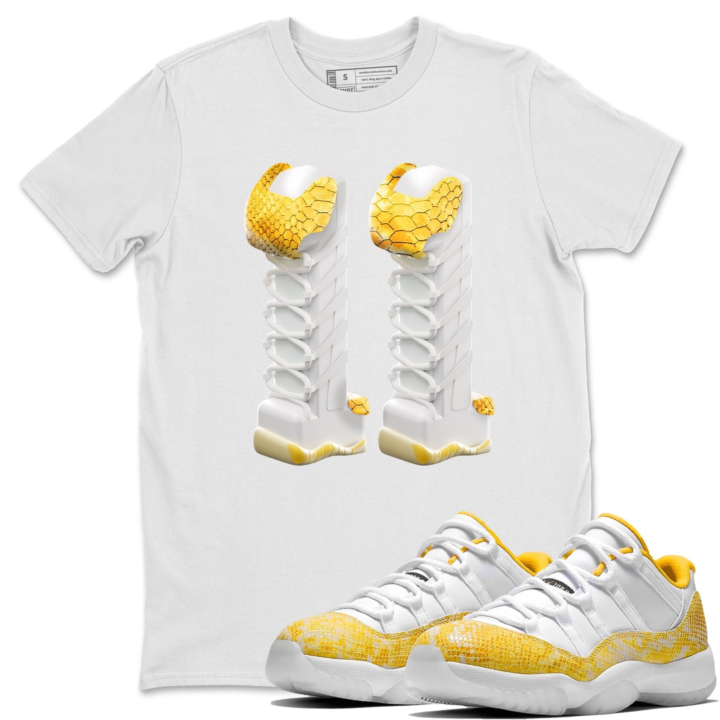 Air Jordan 11 Yellow Python Sneaker Match Tees 3D Number 11 Shirts AJ11 Yellow Python Drip Gear Zone Unisex Shirts White 1