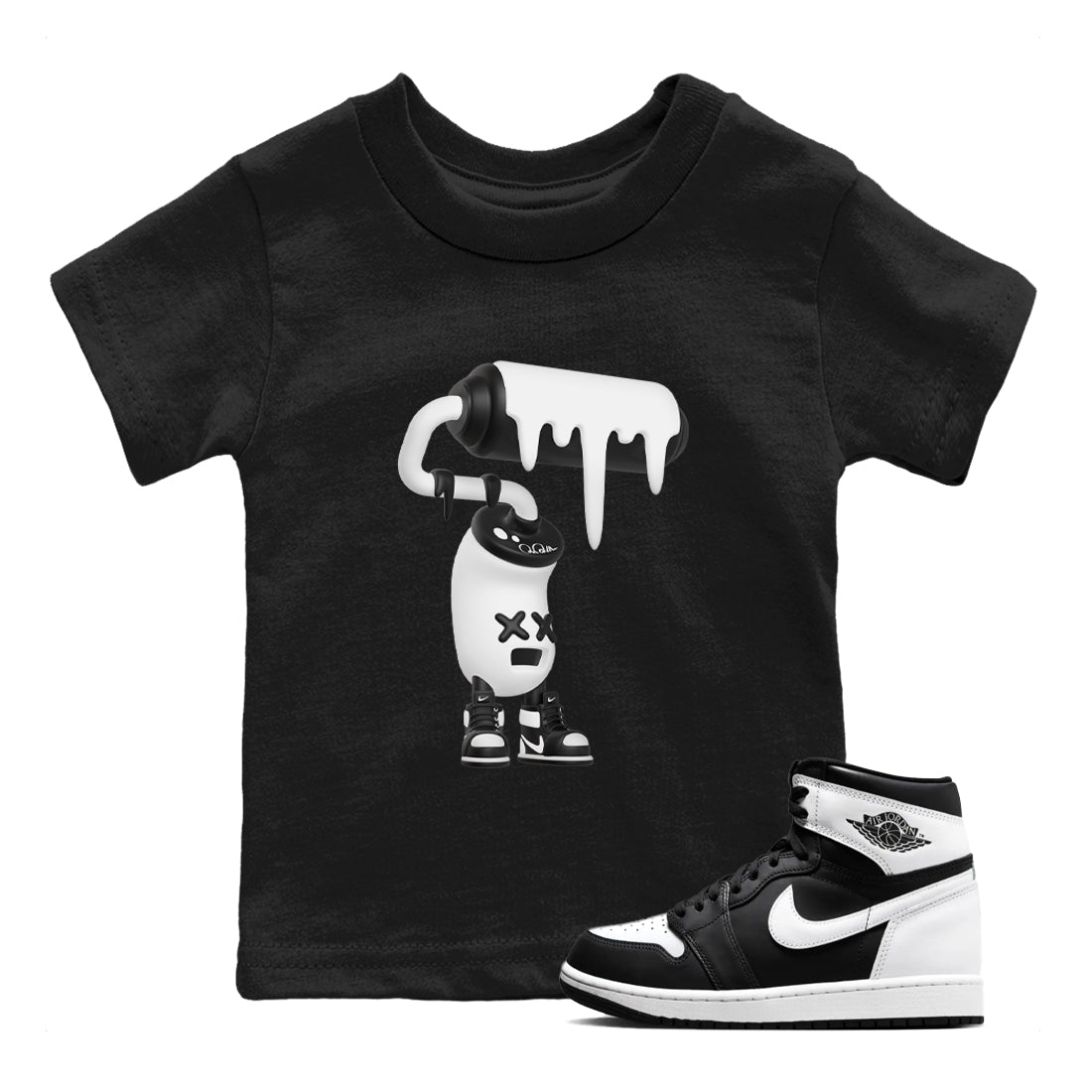 1s Black White shirt to match jordans 3D Paint Roller sneaker tees Air Jordan 1 High OG Black White Drip Gear Zone baby toddler Black 1 cotton Shirt