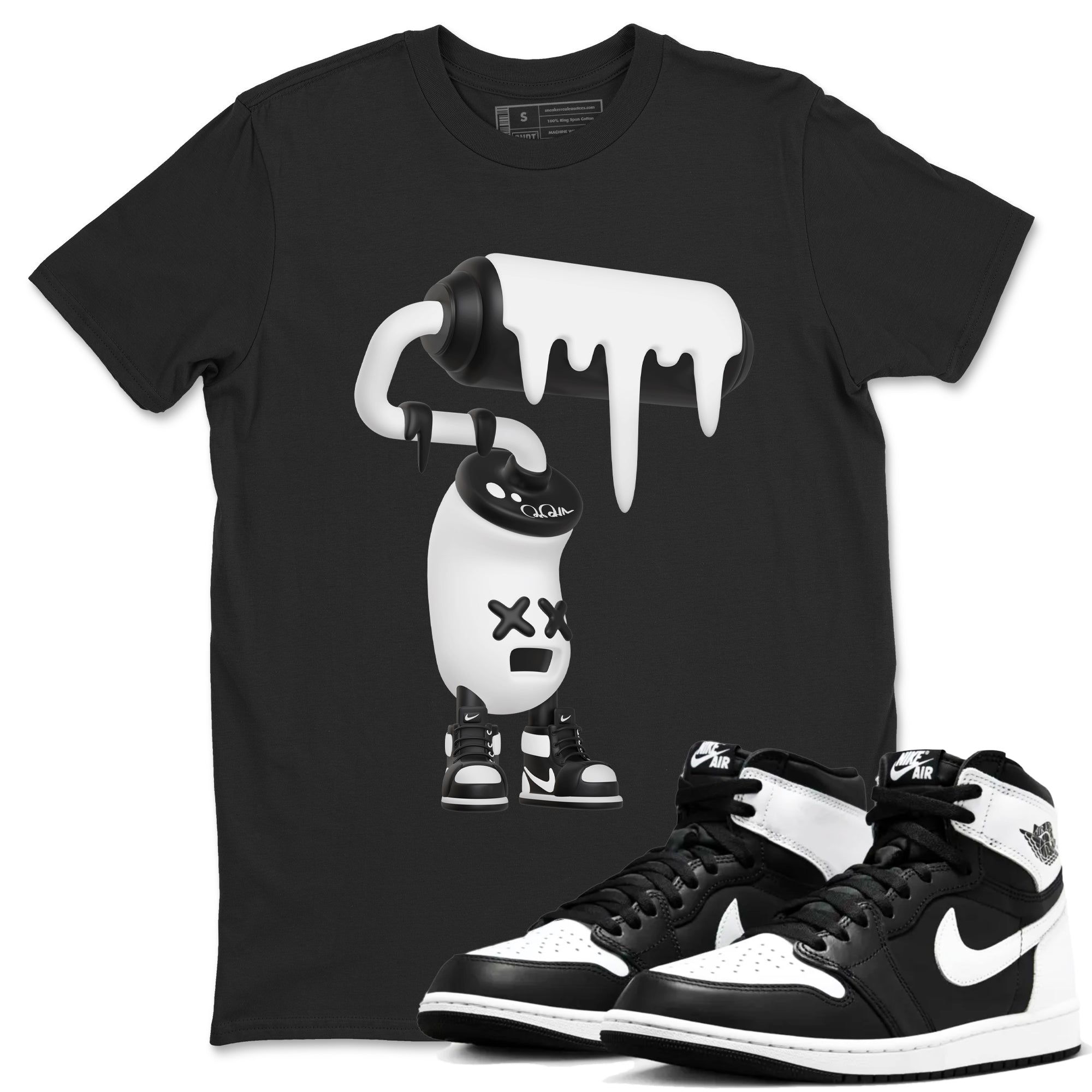 1s Black White shirt to match jordans 3D Paint Roller sneaker tees Air Jordan 1 High OG Black White Drip Gear Zone unisex cotton Black 1 crew neck shirt