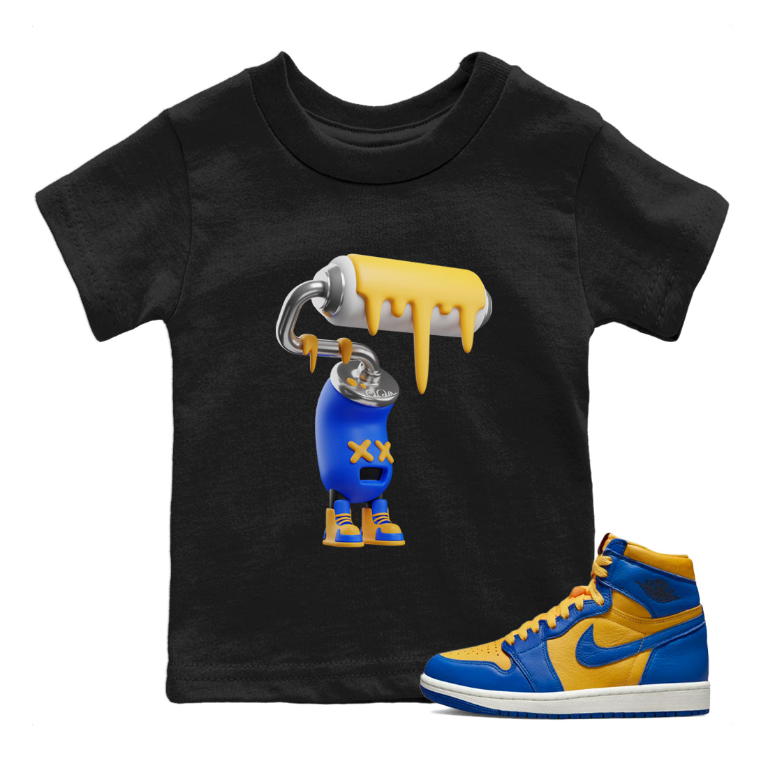 Jordan 1 Game Royal Varsity Maize Sneaker Matching T-Shirt 3D Paint Roller Sneaker Tees Jordan 1 Game Royal Varsity Maize Sneaker Release Tees Kids Shirts