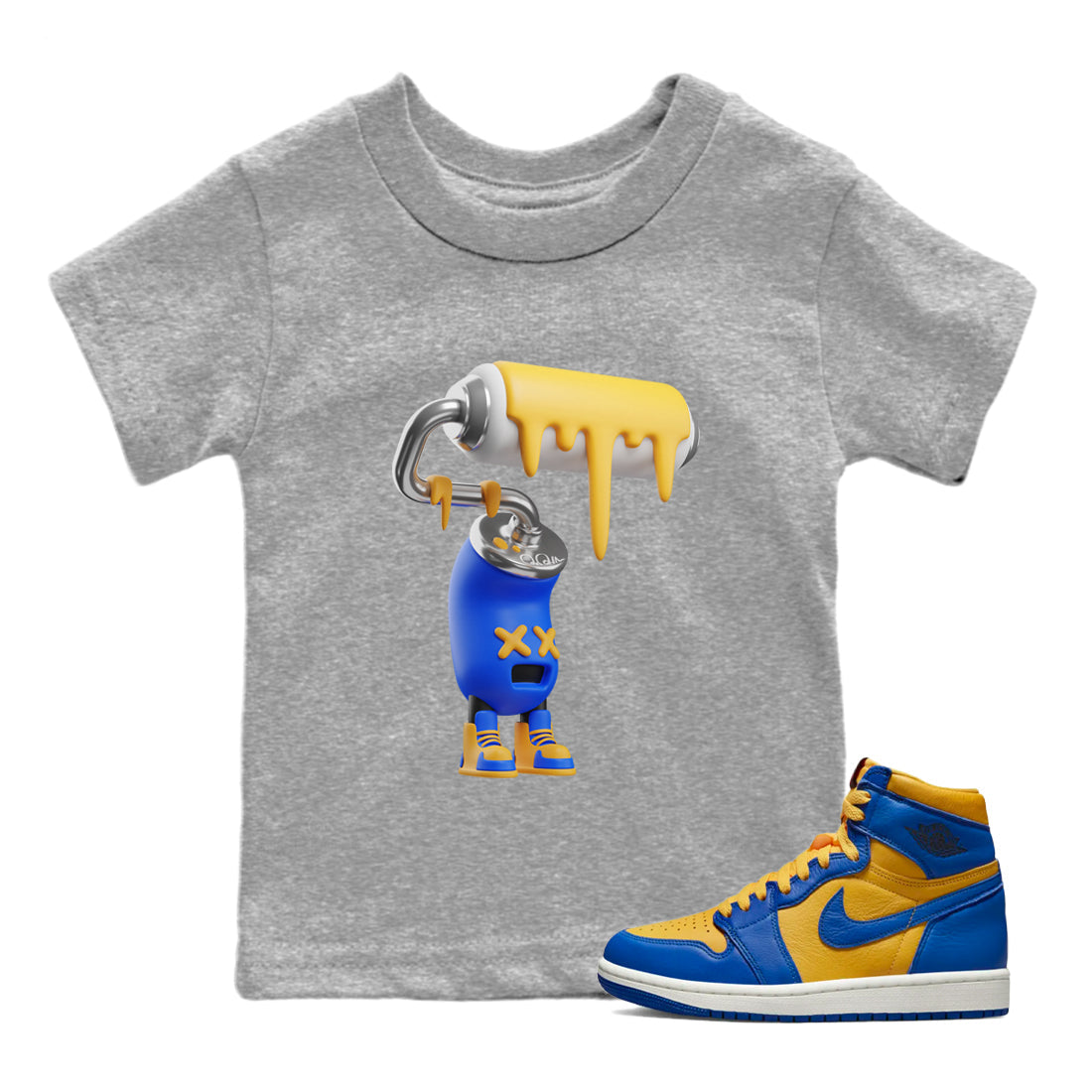 Jordan 1 Game Royal Varsity Maize Sneaker Matching T-Shirt 3D Paint Roller Sneaker Tees Jordan 1 Game Royal Varsity Maize Sneaker Release Tees Kids Shirts