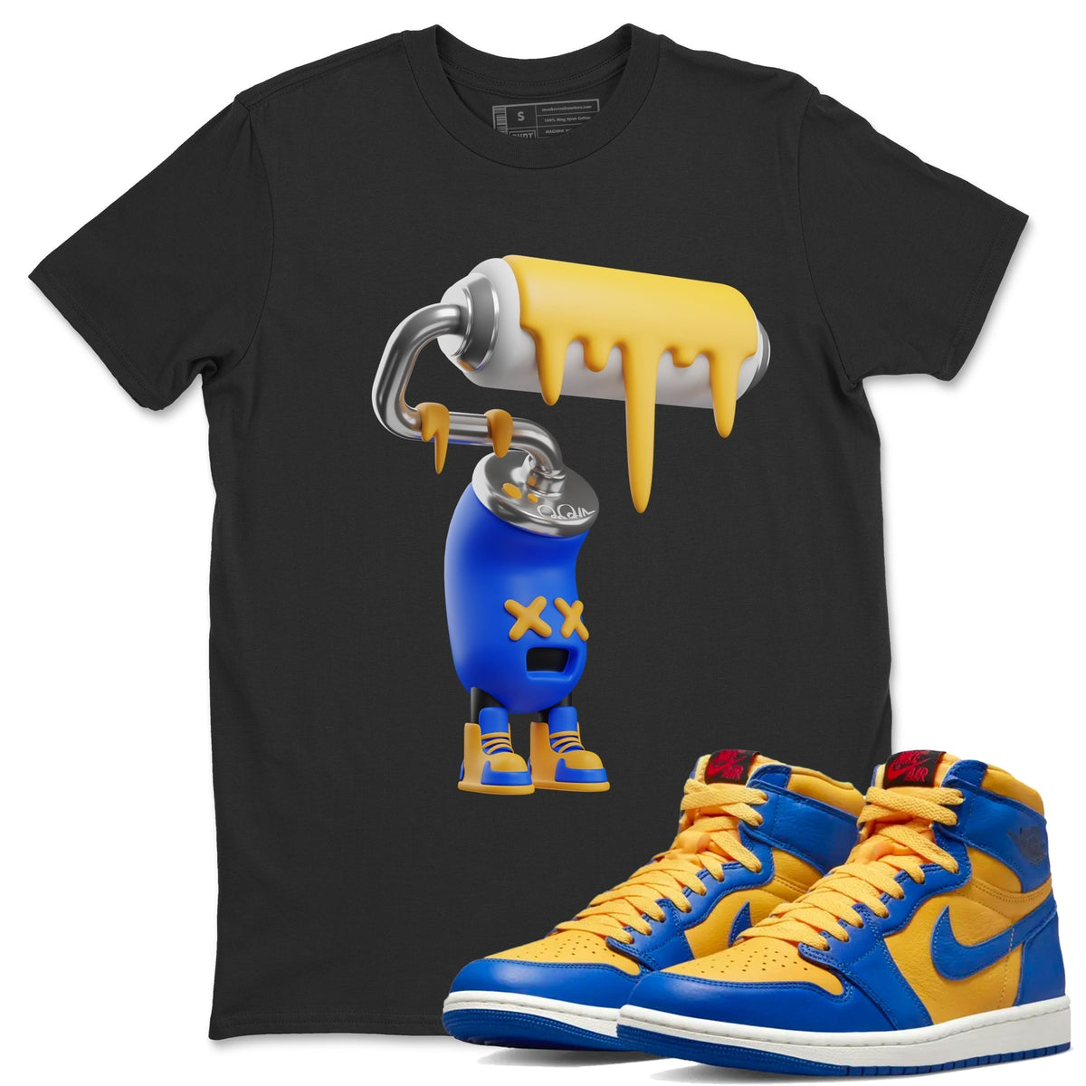 Jordan 1 Game Royal Varsity Maize Sneaker Matching T-Shirt 3D Paint Roller Sneaker Tees Jordan 1 Game Royal Varsity Maize Sneaker Release Tees Crew Neck Tees