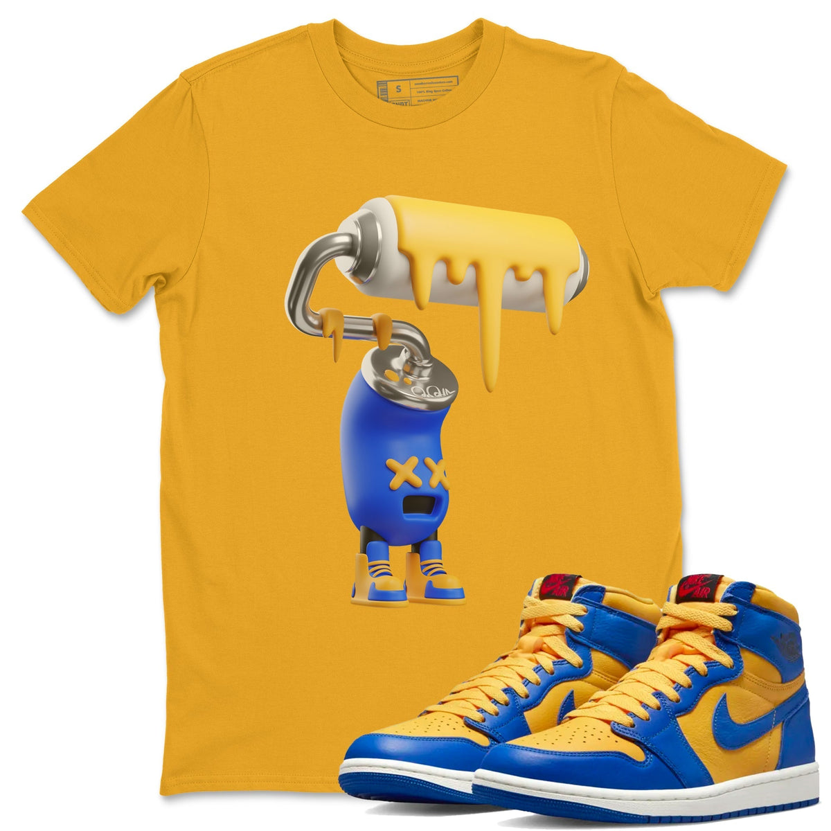 Jordan 1 Game Royal Varsity Maize Sneaker Matching T-Shirt 3D Paint Roller Sneaker Tees Jordan 1 Game Royal Varsity Maize Sneaker Release Tees Crew Neck Tees