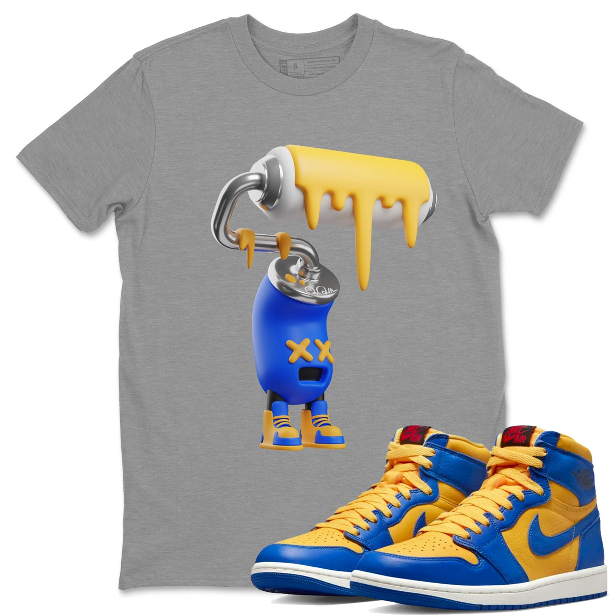 Jordan 1 Game Royal Varsity Maize Sneaker Matching T-Shirt 3D Paint Roller Sneaker Tees Jordan 1 Game Royal Varsity Maize Sneaker Release Tees Crew Neck Tees