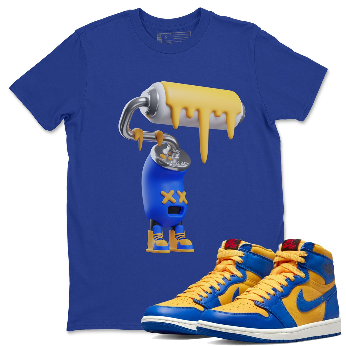 Jordan 1 Game Royal Varsity Maize Sneaker Matching T-Shirt 3D Paint Roller Sneaker Tees Jordan 1 Game Royal Varsity Maize Sneaker Release Tees Crew Neck Tees