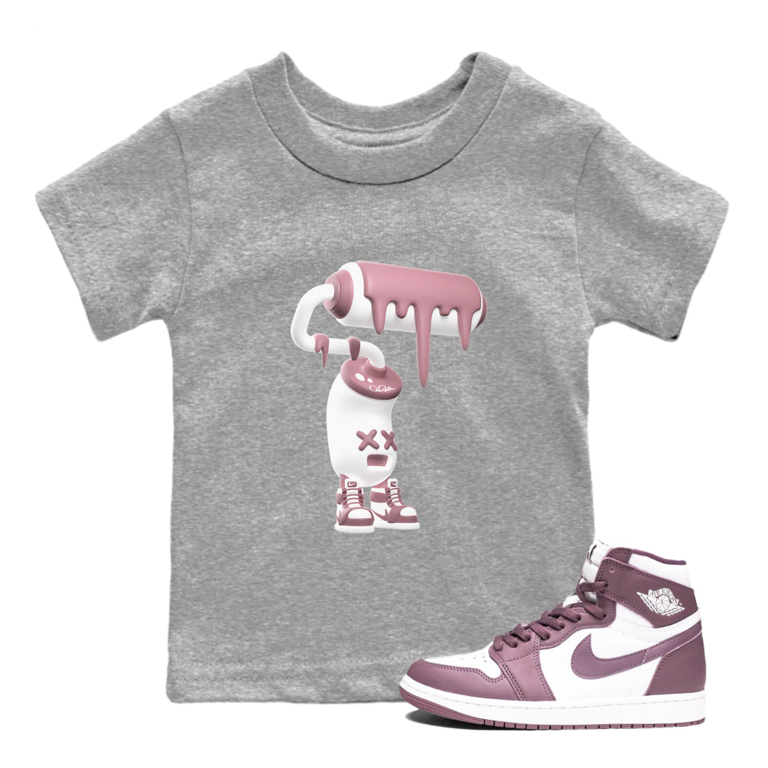 Air Jordan 1 Mauve shirt to match jordans 3D Paint Roller crew neck streetwear t-shirt AJ1Mauve Drip Gear Zone Baby Toddler Heather Grey 1 Sneaker Matching Tee