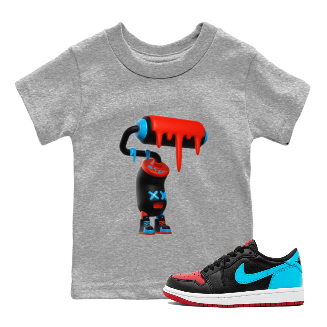 Air Jordan 1 UNC to Chicago Sneaker Match Tees 3D Paint Roller Streetwear Sneaker Shirt AJ1 UNC to Chicago Sneaker Release Tees Kids Shirts Heather Grey 1