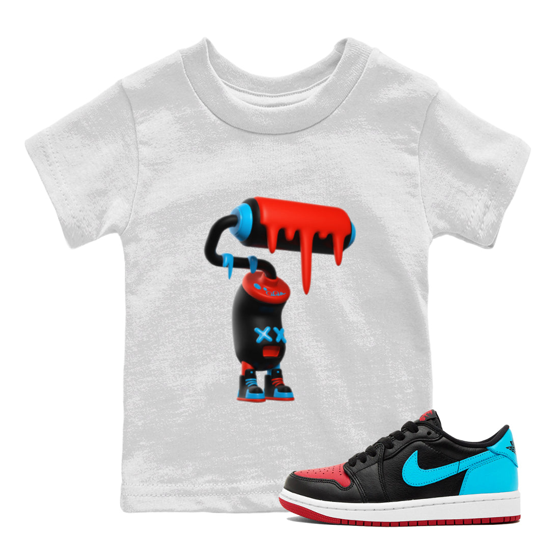 Air Jordan 1 UNC to Chicago Sneaker Match Tees 3D Paint Roller Streetwear Sneaker Shirt AJ1 UNC to Chicago Sneaker Release Tees Kids Shirts White 1