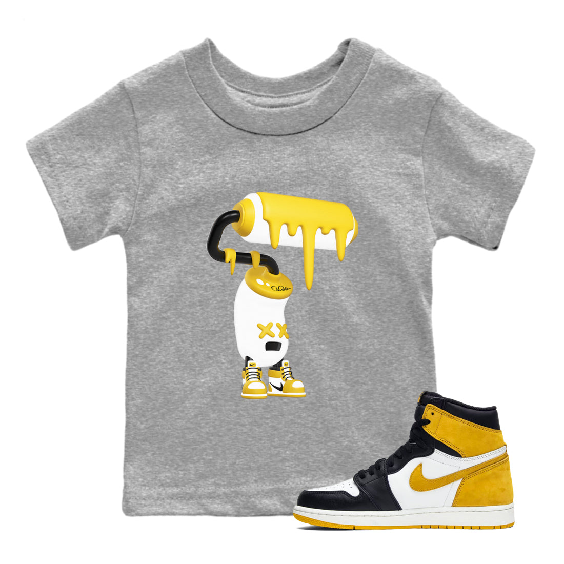 1s Yellow Ochre shirt to match jordans 3D Paint Roller sneaker tees streetwear brand Air Jordan 1 Yellow Ochre Drip Gear Zone Brand baby toddler Heather Grey 1 cotton Shirt