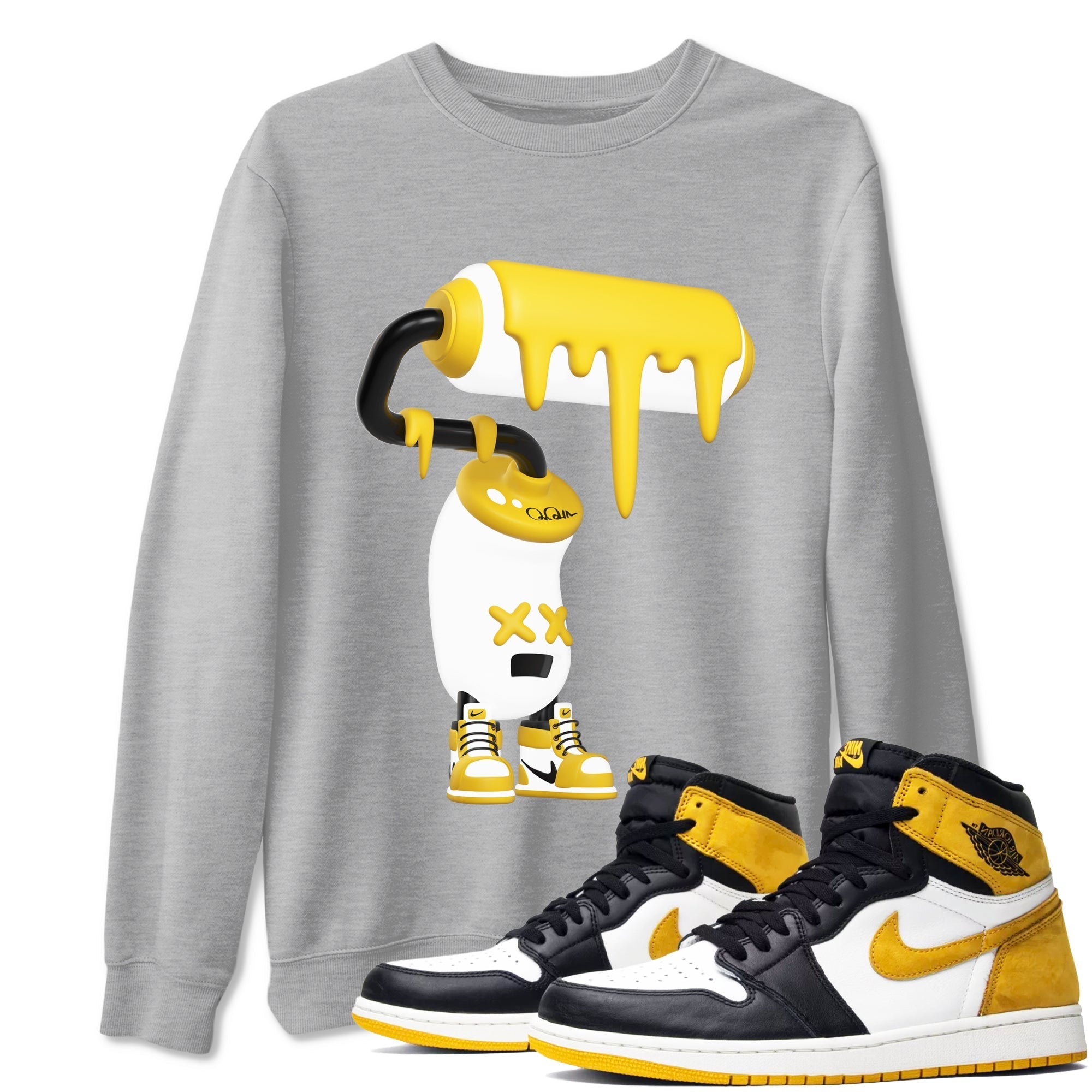 1s Yellow Ochre shirt to match jordans 3D Paint Roller sneaker tees streetwear brand Air Jordan 1 Yellow Ochre Drip Gear Zone Brand unisex cotton Heather Grey 1 crew neck shirt
