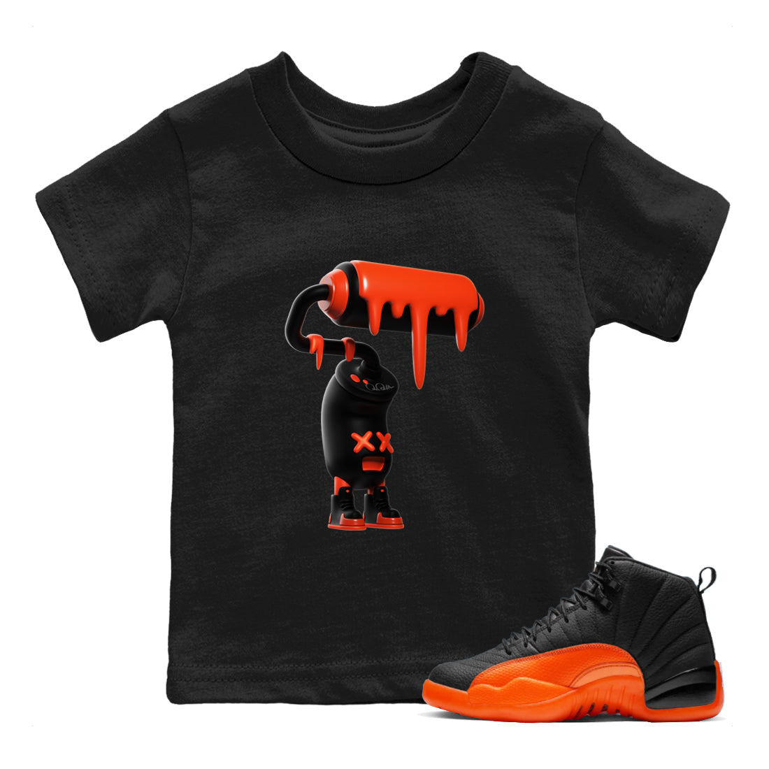 Air Jordan 12 Brilliant Orange Sneaker Match Tees 3D Paint Roller Streetwear Sneaker Shirt AJ12 Brilliant Orange Sneaker Release Tees Kids Shirts Black 1