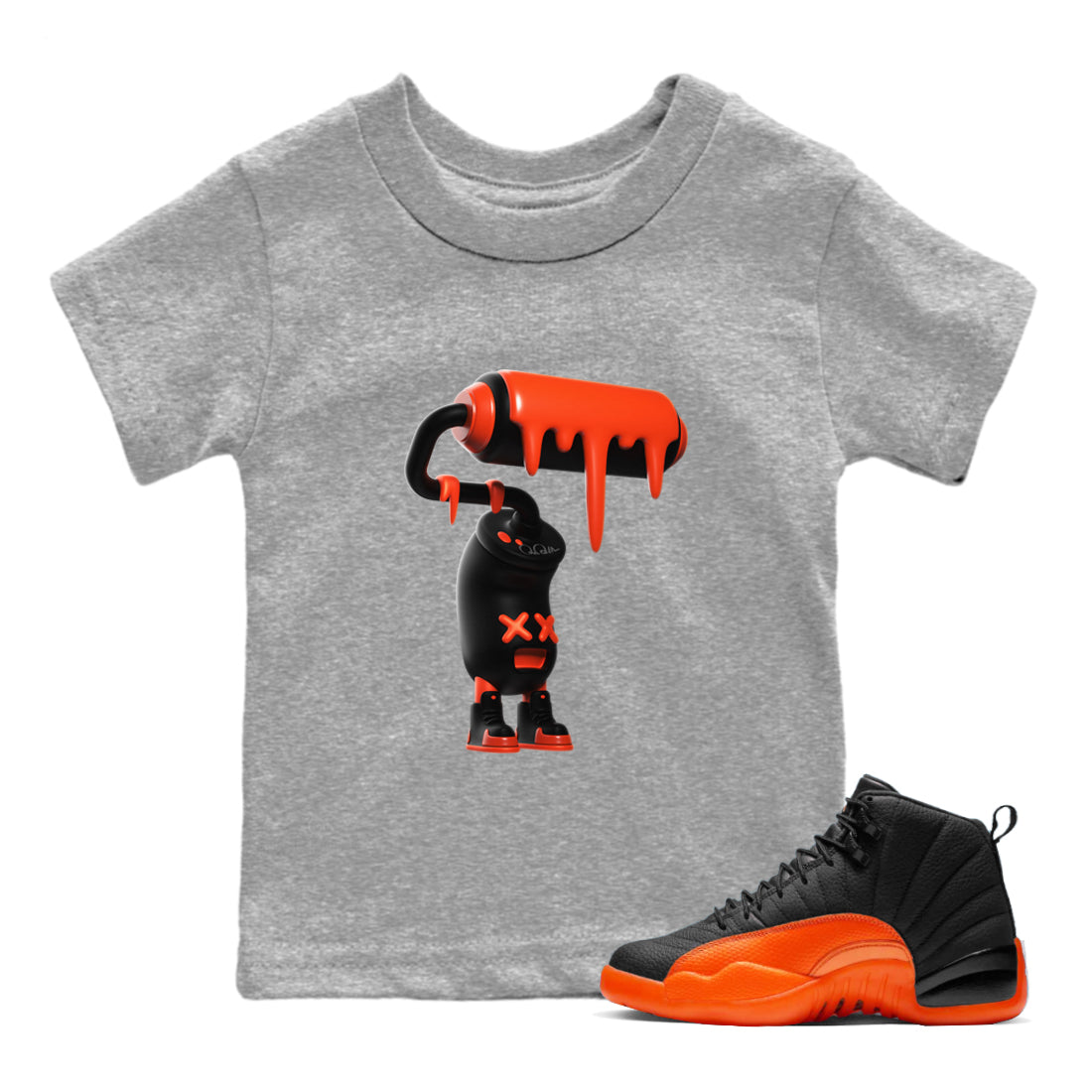 Air Jordan 12 Brilliant Orange Sneaker Match Tees 3D Paint Roller Streetwear Sneaker Shirt AJ12 Brilliant Orange Sneaker Release Tees Kids Shirts Heather Grey 1