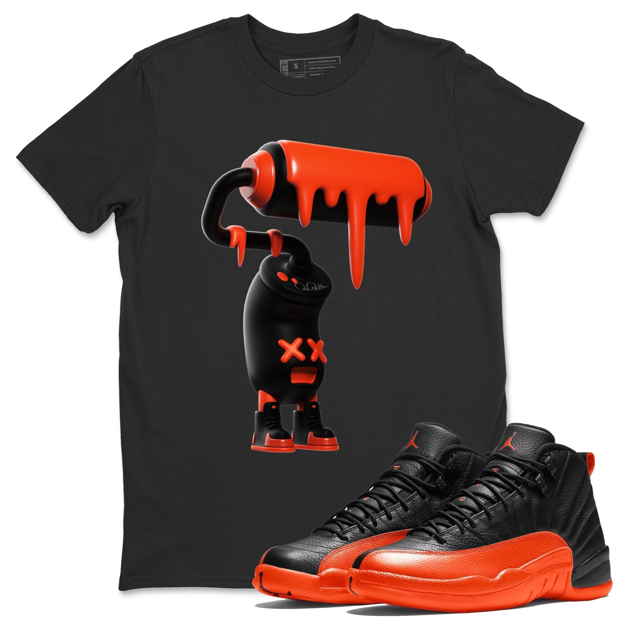 Air Jordan 12 Brilliant Orange Sneaker Match Tees 3D Paint Roller Streetwear Sneaker Shirt AJ12 Brilliant Orange Sneaker Release Tees Unisex Shirts Black 1
