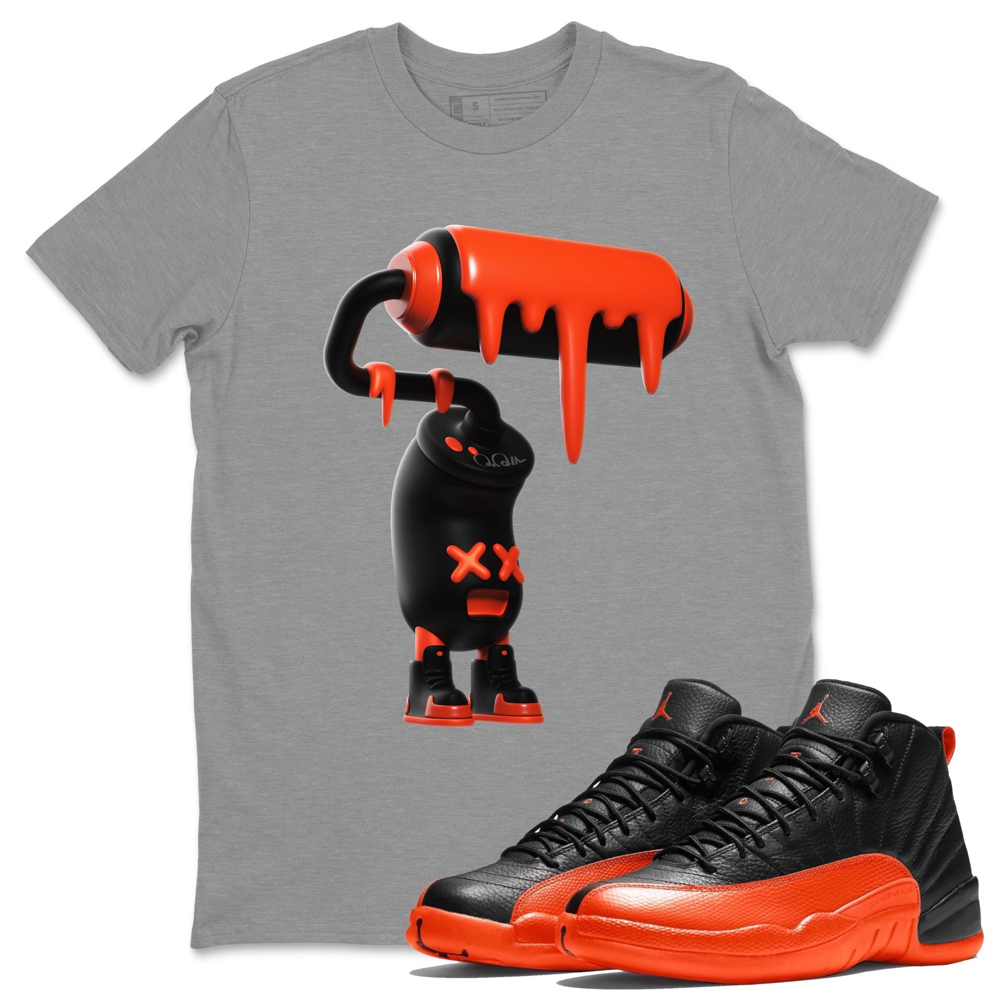 Air Jordan 12 Brilliant Orange Sneaker Match Tees 3D Paint Roller Streetwear Sneaker Shirt AJ12 Brilliant Orange Sneaker Release Tees Unisex Shirts Heather Grey 1