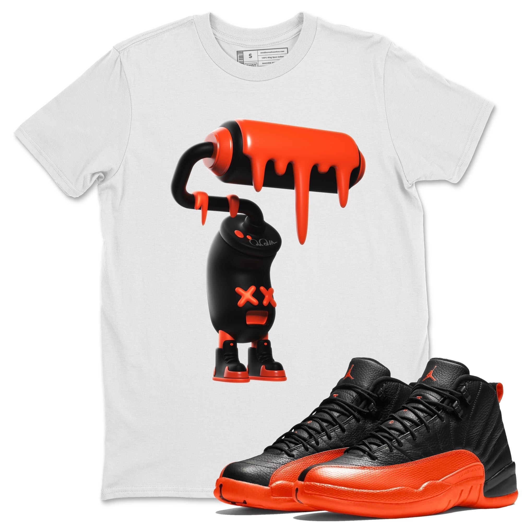 Air Jordan 12 Brilliant Orange Sneaker Match Tees 3D Paint Roller Streetwear Sneaker Shirt AJ12 Brilliant Orange Sneaker Release Tees Unisex Shirts White 1