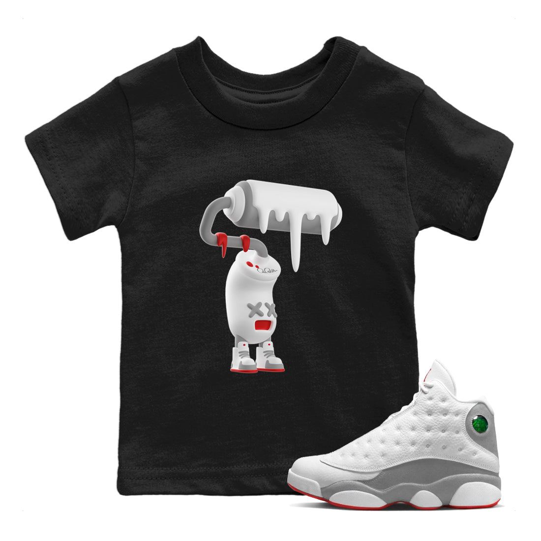 Air Jordan 13 Wolf Grey Sneaker Match Tees 3D Paint Roller Streetwear Sneaker Shirt AJ13 Wolf Grey Sneaker Release Tees Kids Shirts Black 1