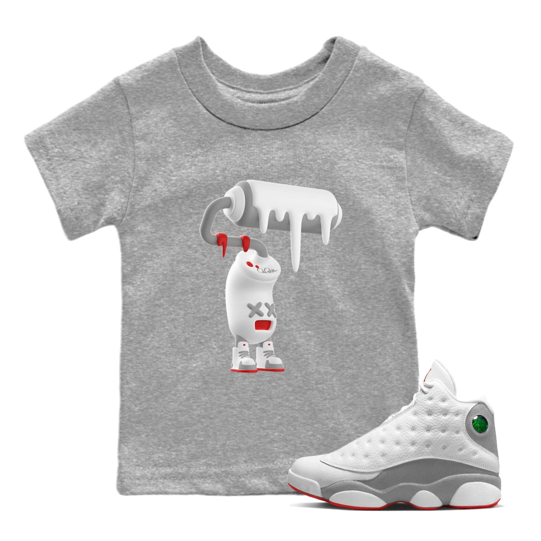 Air Jordan 13 Wolf Grey Sneaker Match Tees 3D Paint Roller Streetwear Sneaker Shirt AJ13 Wolf Grey Sneaker Release Tees Kids Shirts Heather Grey 1