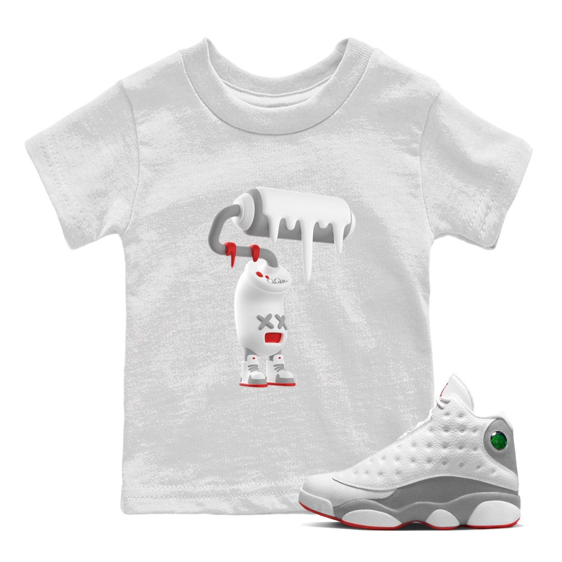 Air Jordan 13 Wolf Grey Sneaker Match Tees 3D Paint Roller Streetwear Sneaker Shirt AJ13 Wolf Grey Sneaker Release Tees Kids Shirts White 1