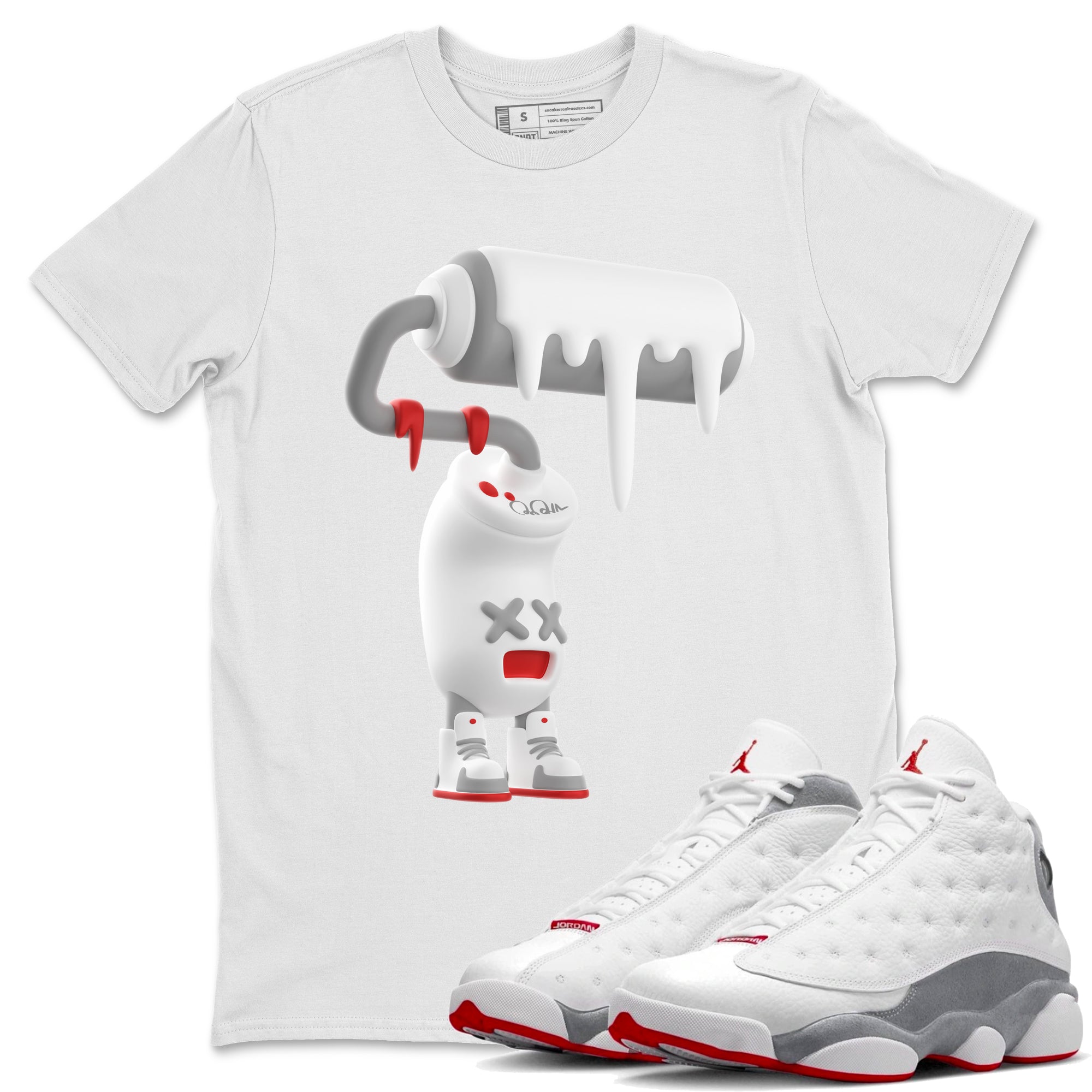 Air Jordan 13 Wolf Grey Sneaker Match Tees 3D Paint Roller Streetwear Sneaker Shirt AJ13 Wolf Grey Sneaker Release Tees Unisex Shirts White 1