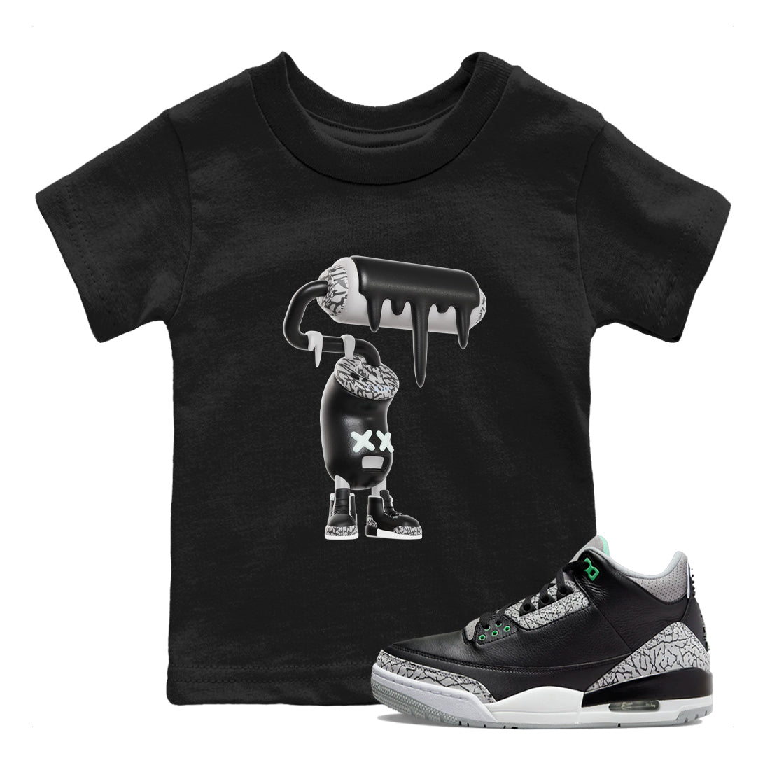 3s Green Glow shirt to match jordans 3D Paint Roller sneaker tees Air Jordan 3 Green Glow Drip Gear Zone baby toddler Black 1 cotton Shirt