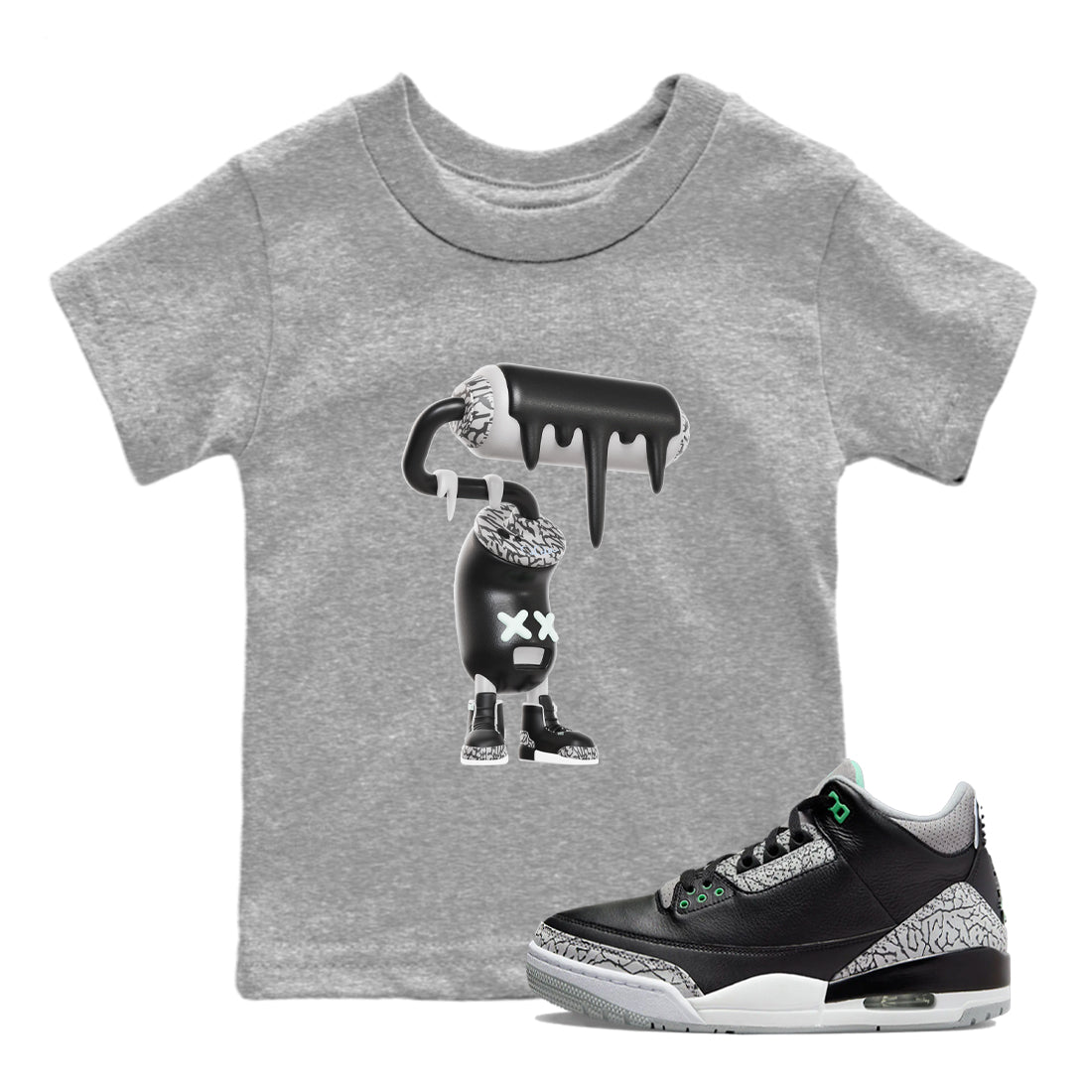 3s Green Glow shirt to match jordans 3D Paint Roller sneaker tees Air Jordan 3 Green Glow Drip Gear Zone baby toddler Heather Grey 1 cotton Shirt