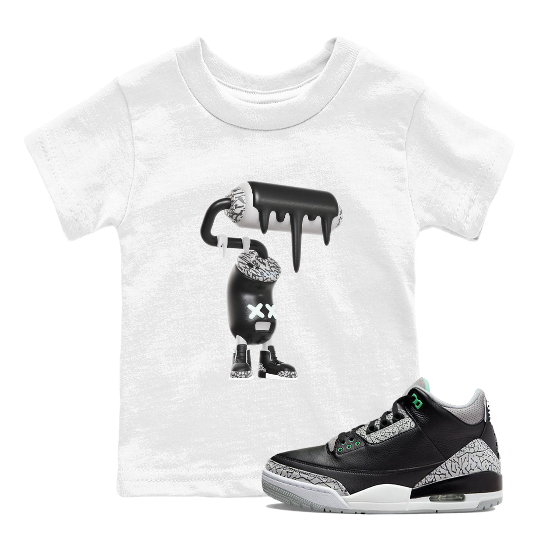 3s Green Glow shirt to match jordans 3D Paint Roller sneaker tees Air Jordan 3 Green Glow Drip Gear Zone baby toddler White 1 cotton Shirt