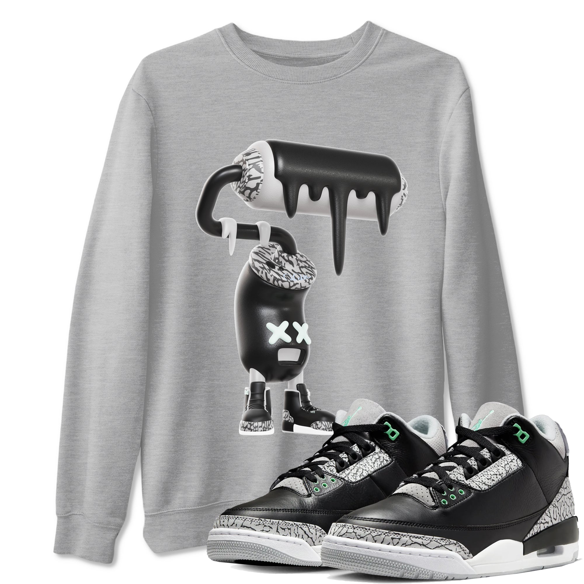 3s Green Glow shirt to match jordans 3D Paint Roller sneaker tees Air Jordan 3 Green Glow Drip Gear Zone unisex cotton Heather Grey 1 crew neck shirt