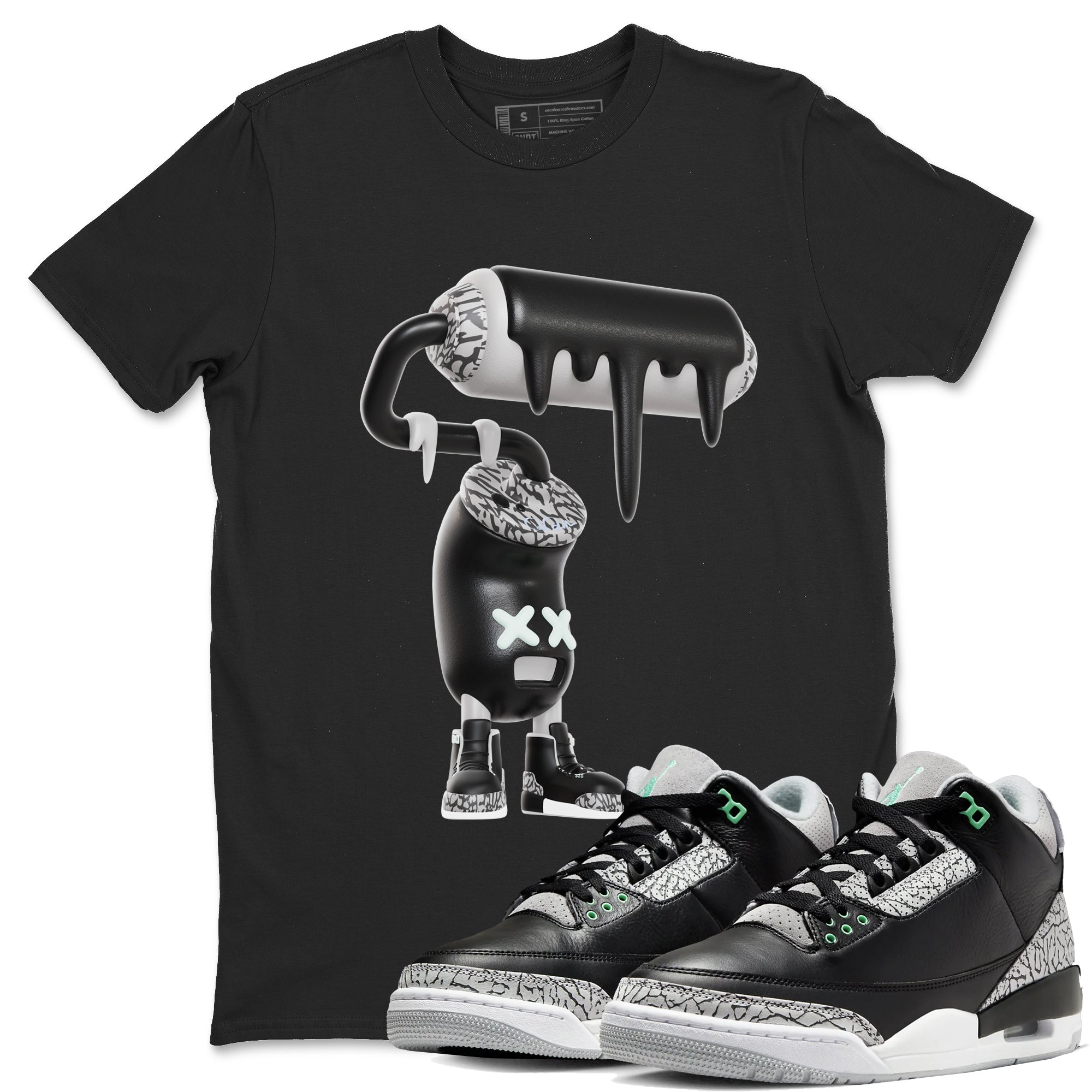 3s Green Glow shirt to match jordans 3D Paint Roller sneaker tees Air Jordan 3 Green Glow Drip Gear Zone unisex cotton Black 1 crew neck shirt