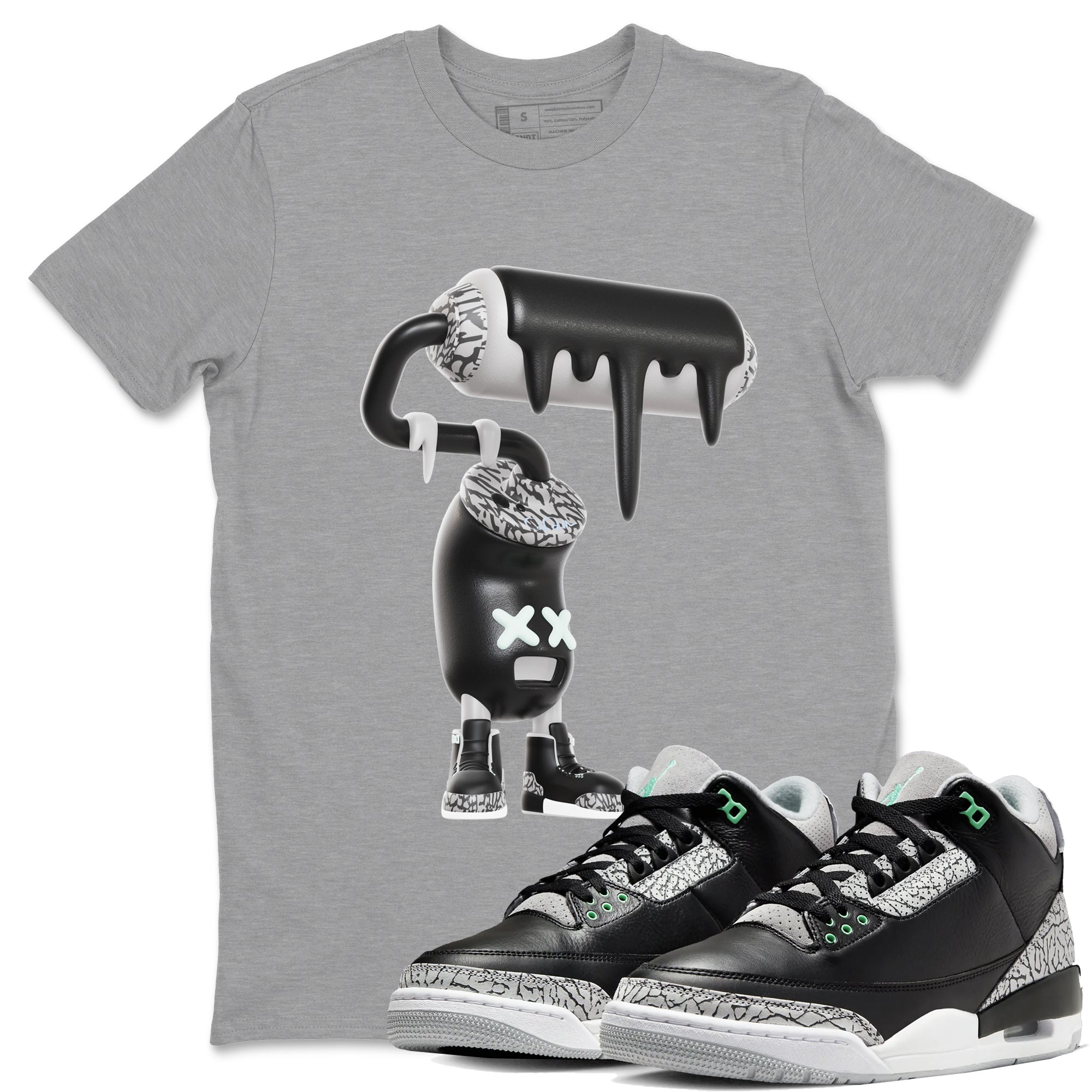 3s Green Glow shirt to match jordans 3D Paint Roller sneaker tees Air Jordan 3 Green Glow Drip Gear Zone unisex cotton Heather Grey 1 crew neck shirt