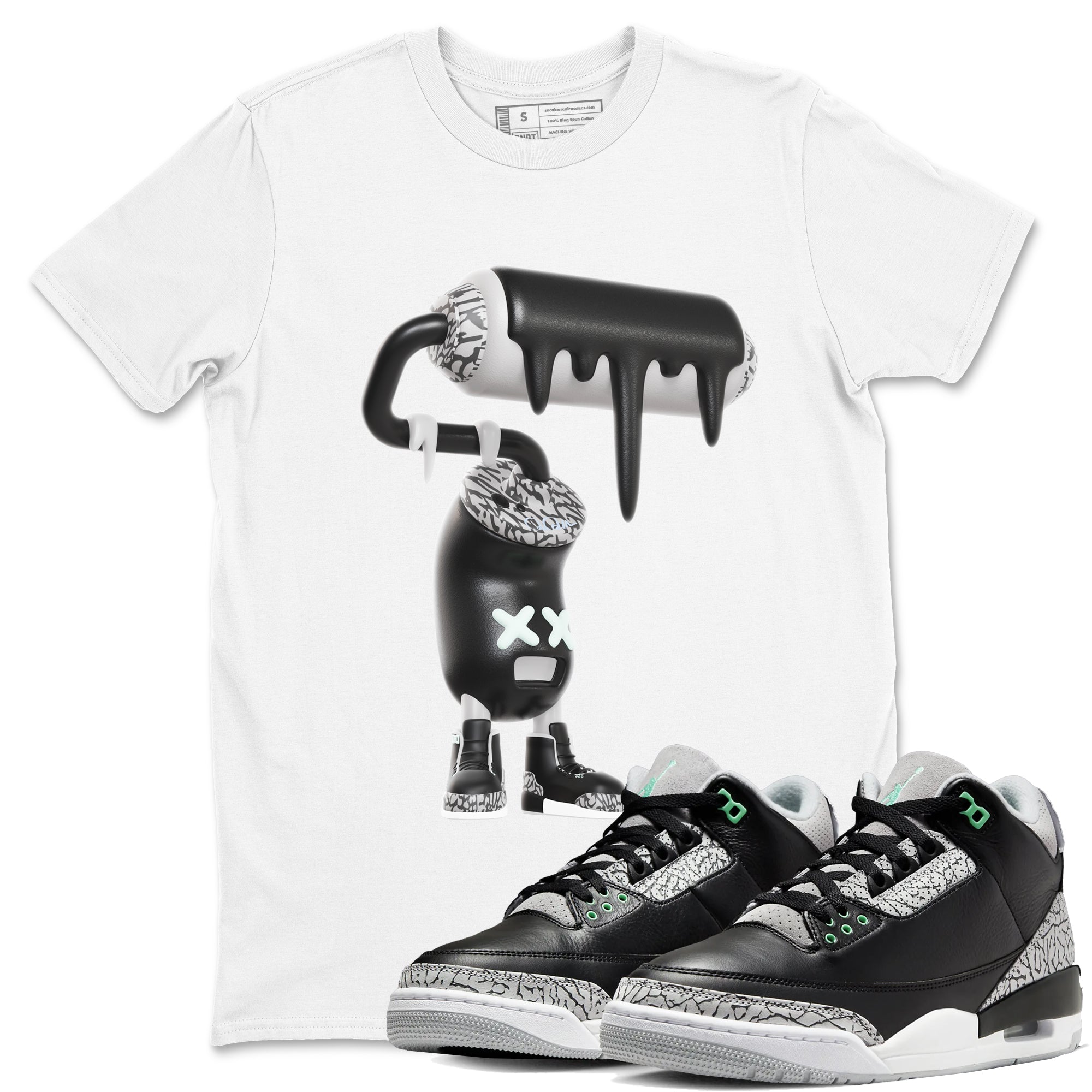 3s Green Glow shirt to match jordans 3D Paint Roller sneaker tees Air Jordan 3 Green Glow Drip Gear Zone unisex cotton White 1 crew neck shirt