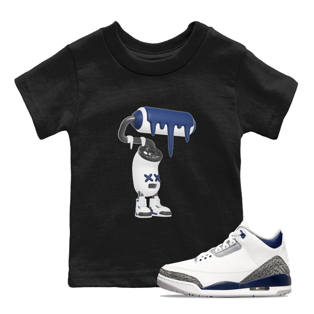 3s Midnight Navy shirt to match jordans 3D Paint Roller sneaker match t-shirt AJ3 Midnight Navy Drip Gear Zone baby toddler Black 1 Crew Neck T-Shirt