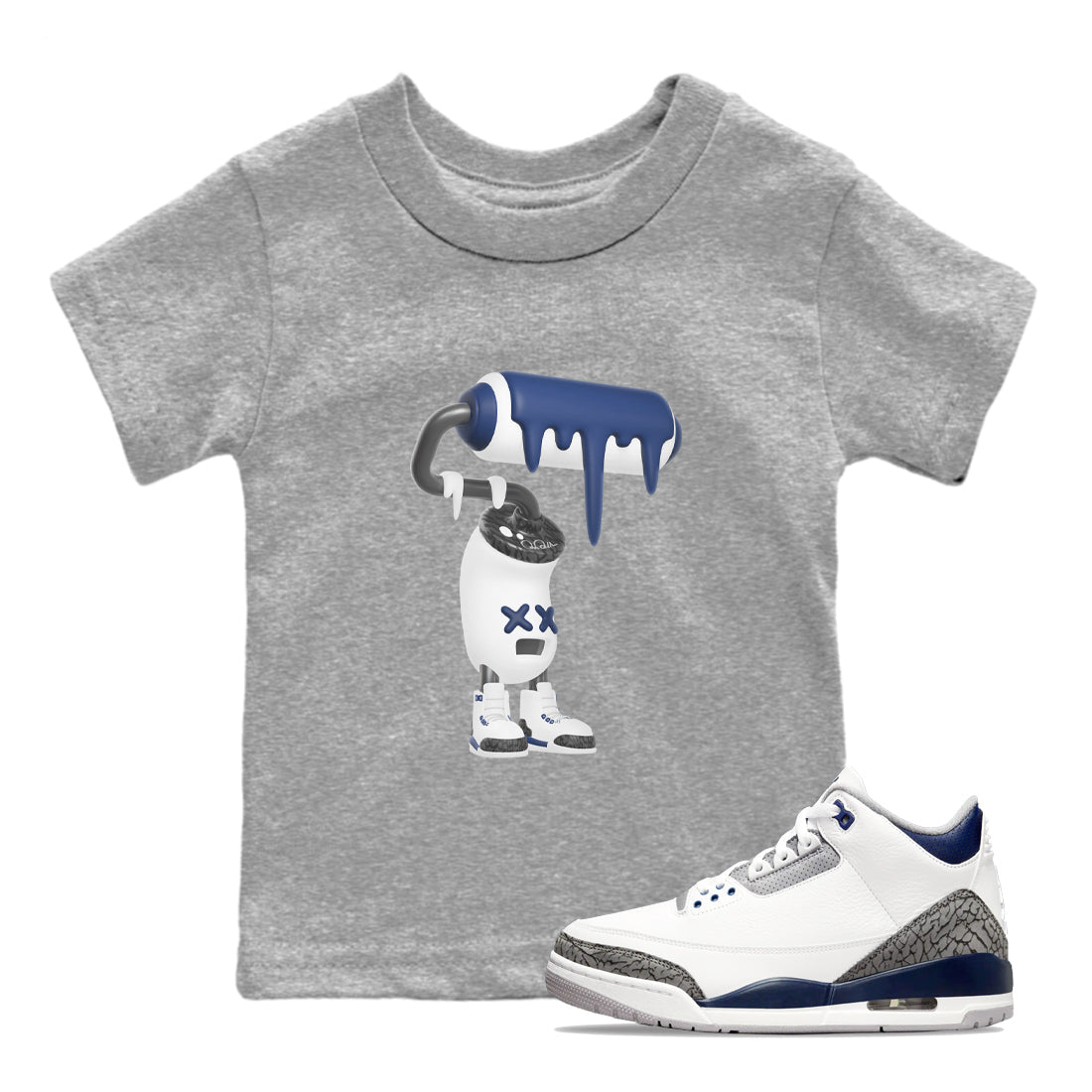 3s Midnight Navy shirt to match jordans 3D Paint Roller sneaker match t-shirt AJ3 Midnight Navy Drip Gear Zone baby toddler Heather Grey 1 Crew Neck T-Shirt