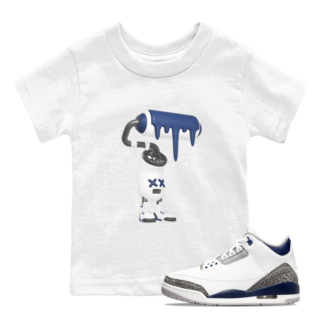 3s Midnight Navy shirt to match jordans 3D Paint Roller sneaker match t-shirt AJ3 Midnight Navy Drip Gear Zone baby toddler White 1 Crew Neck T-Shirt