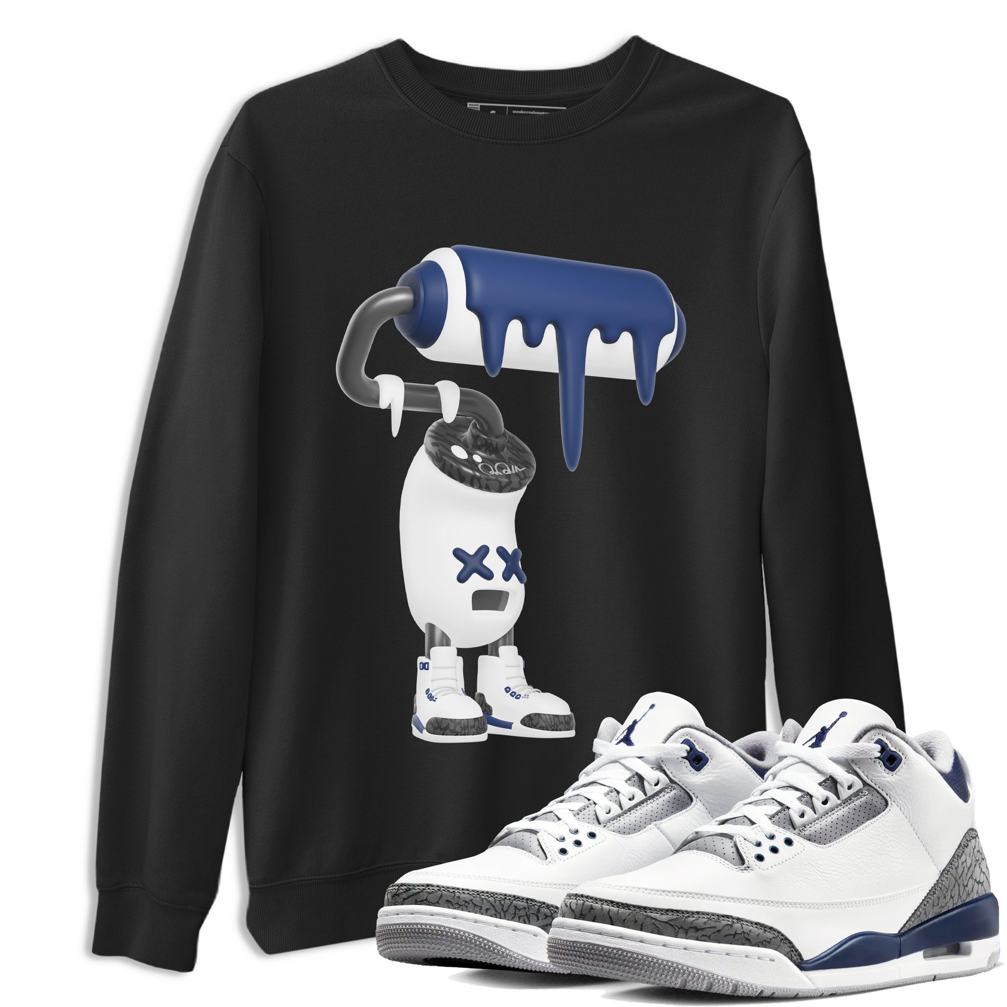 3s Midnight Navy shirt to match jordans 3D Paint Roller sneaker match t-shirt AJ3 Midnight Navy Drip Gear Zone unisex cotton Black 1 Crew Neck T-Shirt