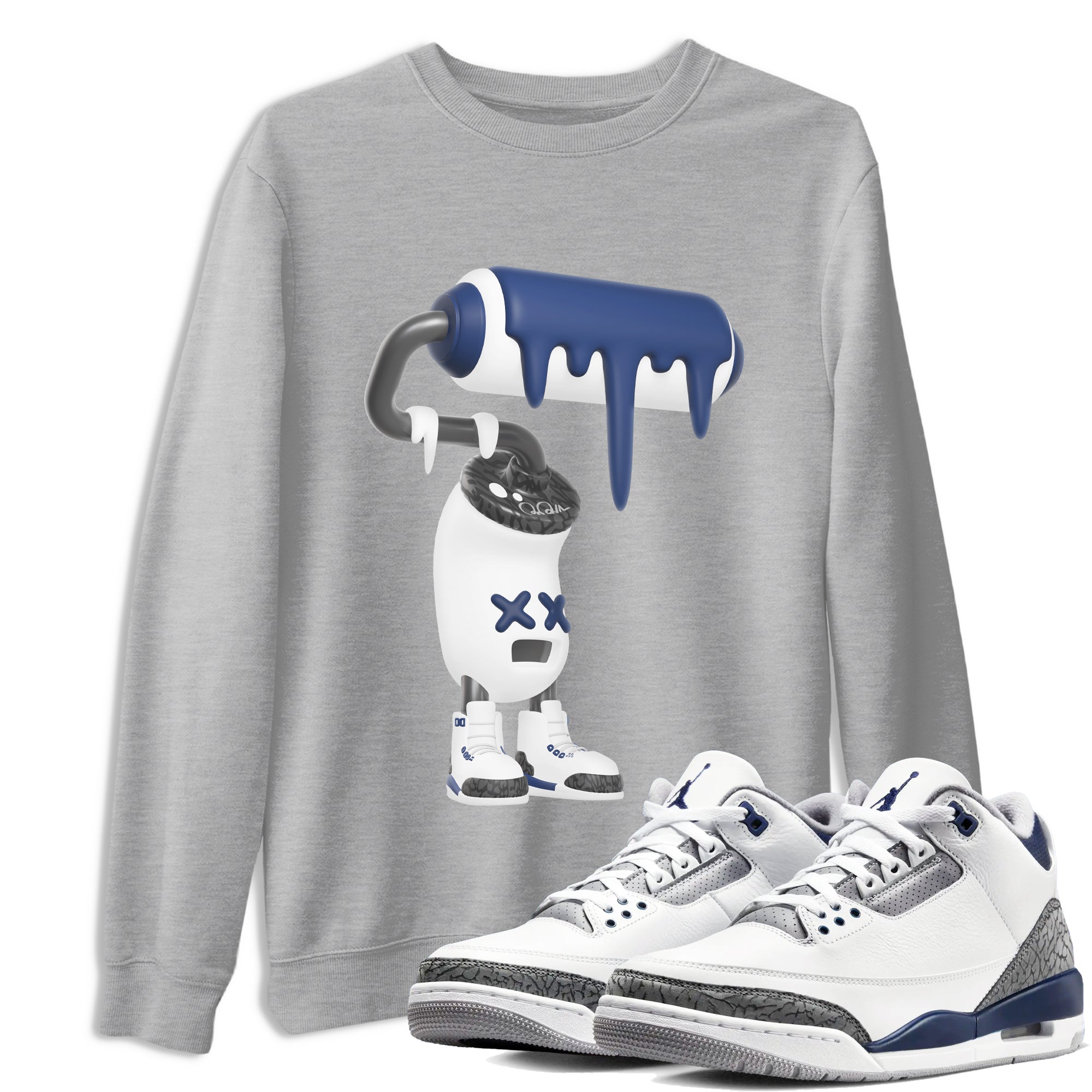 3s Midnight Navy shirt to match jordans 3D Paint Roller sneaker match t-shirt AJ3 Midnight Navy Drip Gear Zone unisex cotton Heather Grey 1 Crew Neck T-Shirt