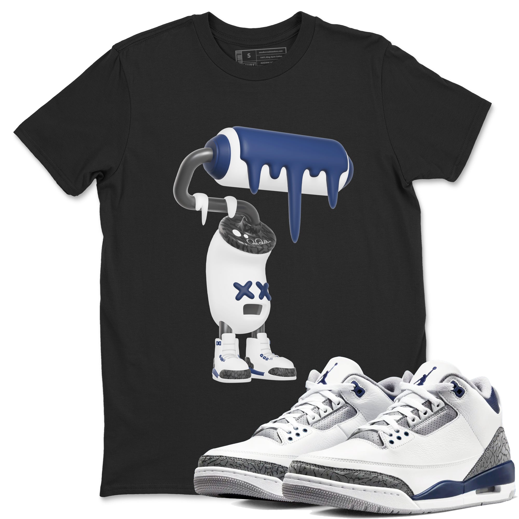 3s Midnight Navy shirt to match jordans 3D Paint Roller sneaker match t-shirt AJ3 Midnight Navy Drip Gear Zone unisex cotton Black 1 Crew Neck T-Shirt