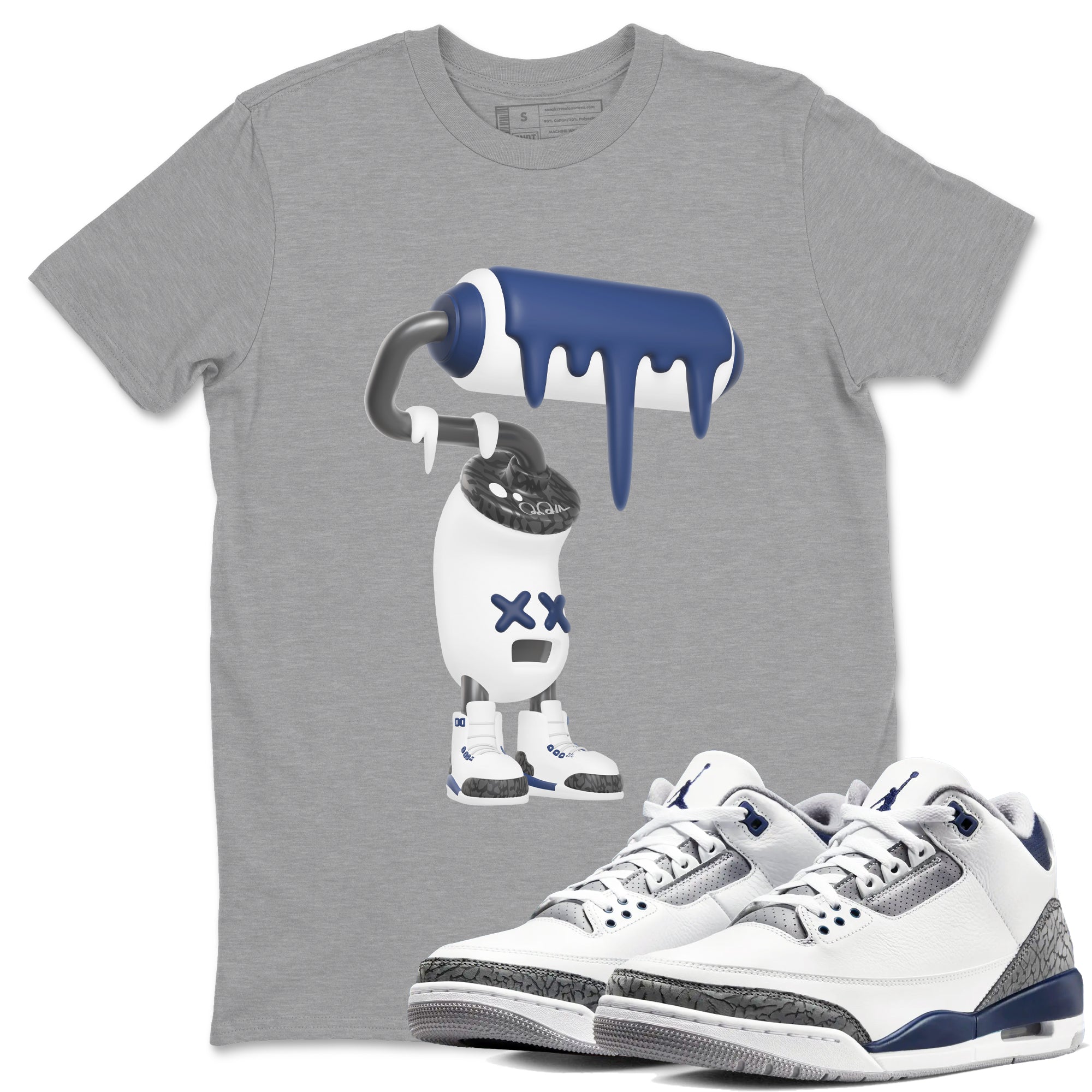 3s Midnight Navy shirt to match jordans 3D Paint Roller sneaker match t-shirt AJ3 Midnight Navy Drip Gear Zone unisex cotton Heather Grey 1 Crew Neck T-Shirt