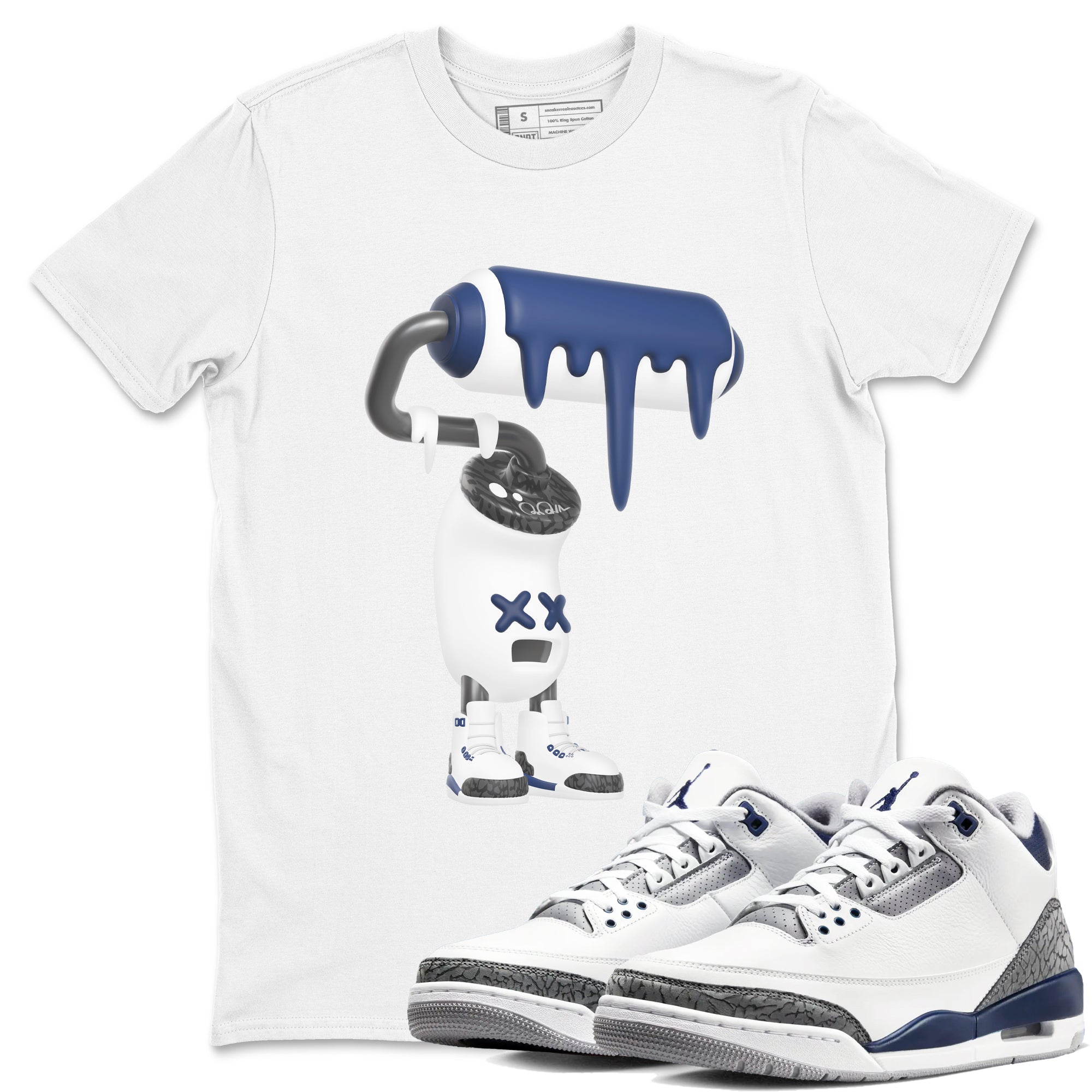 3s Midnight Navy shirt to match jordans 3D Paint Roller sneaker match t-shirt AJ3 Midnight Navy Drip Gear Zone unisex cotton White 1 Crew Neck T-Shirt