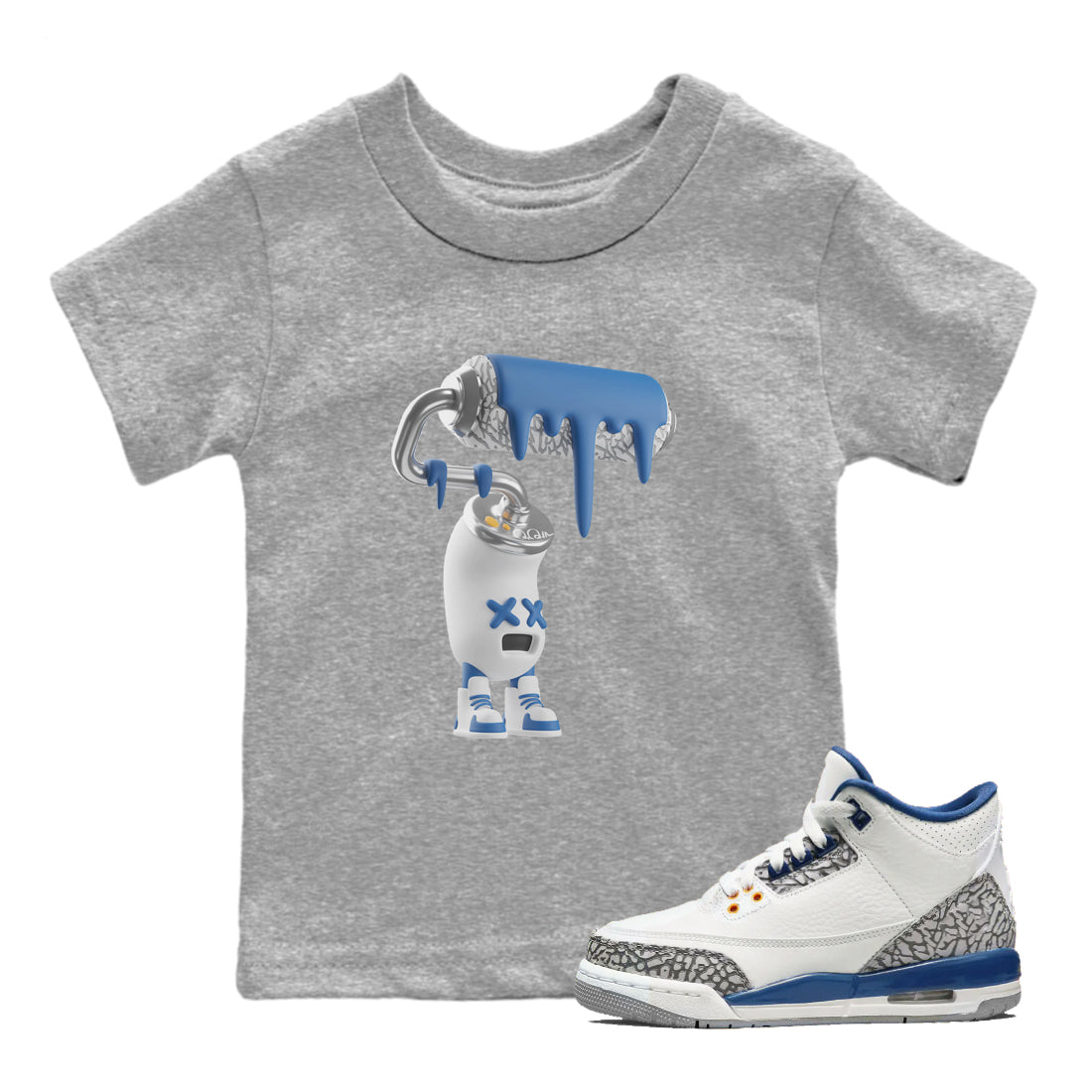 Air Jordan 3 Wizards Sneaker Match Tees 3D Paint Roller Streetwear Sneaker Shirt AJ3 NBA Wizards  Sneaker Release Tees Kids Shirts Heather Grey 1