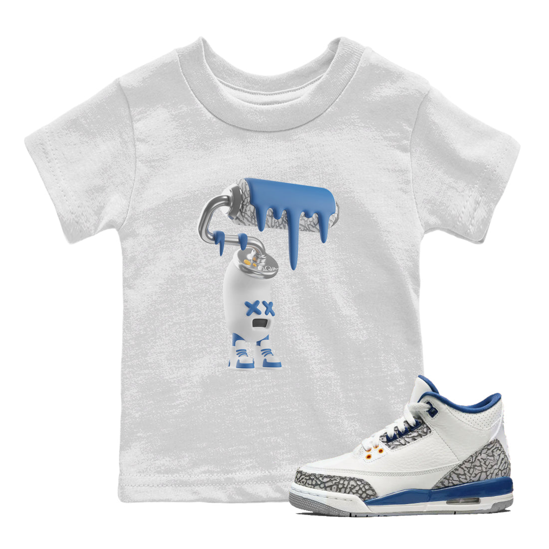 Air Jordan 3 Wizards Sneaker Match Tees 3D Paint Roller Streetwear Sneaker Shirt AJ3 NBA Wizards  Sneaker Release Tees Kids Shirts White 1