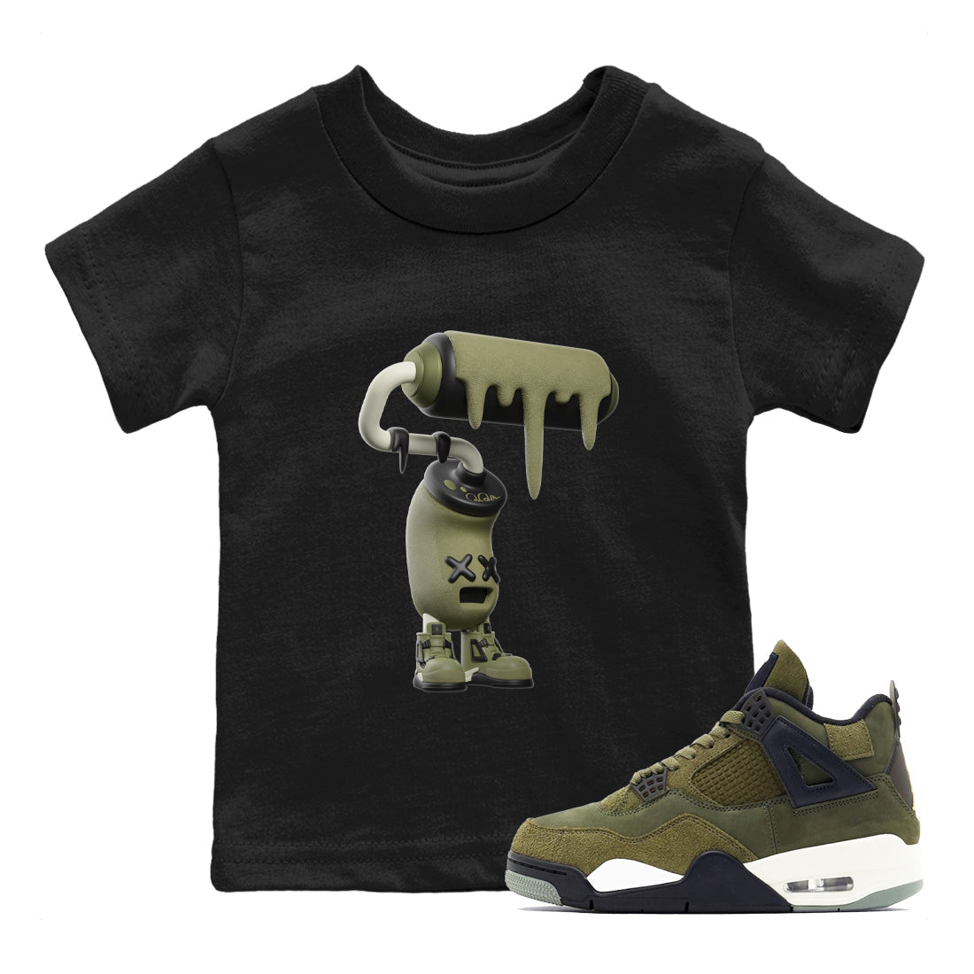 Air Jordan 4 Medium Olive shirt to match jordans streetwear brand 3D Paint Roller sneaker tees AJ4Medium Olive Drip Gear Zone Baby Toddler Black 1 T-Shirt