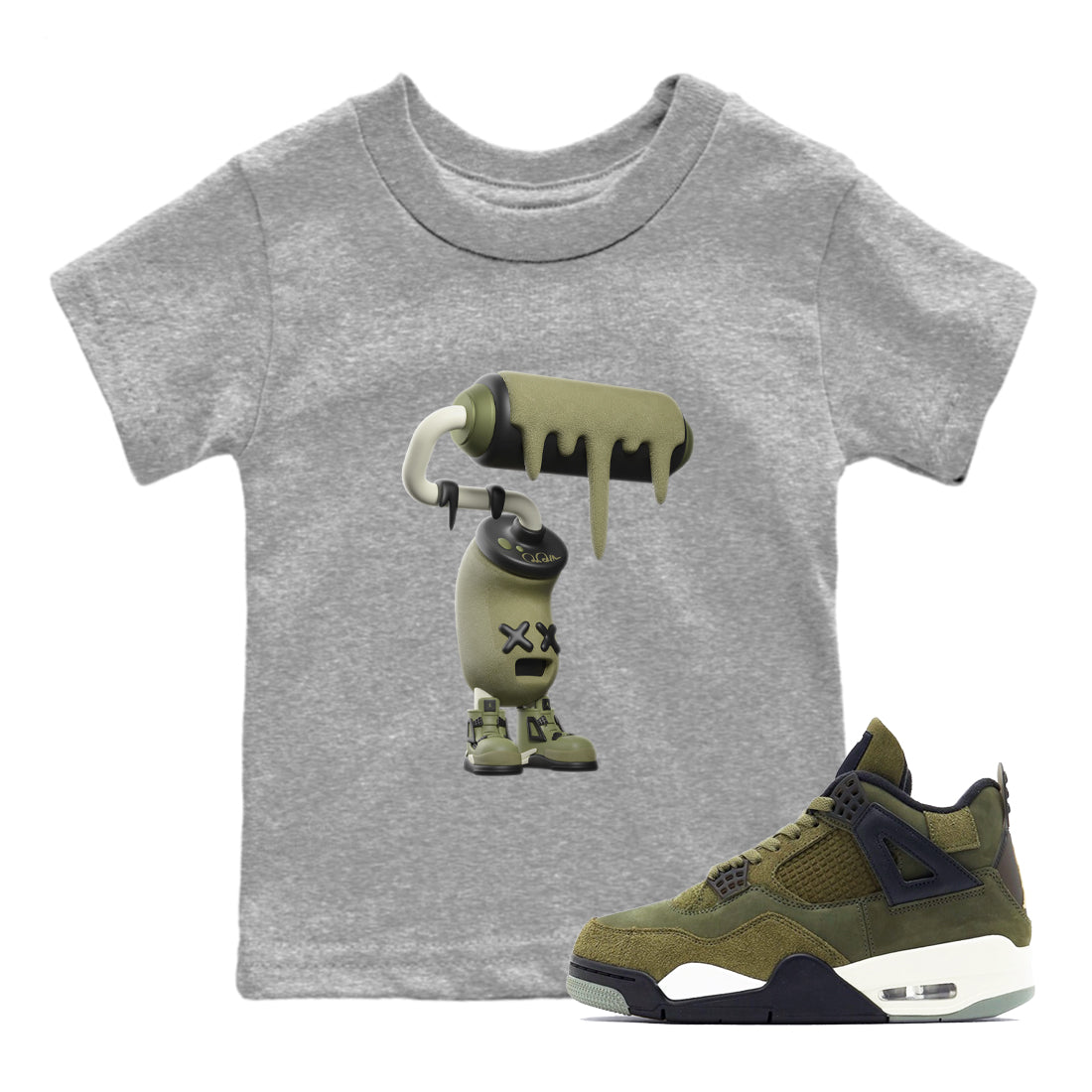 Air Jordan 4 Medium Olive shirt to match jordans streetwear brand 3D Paint Roller sneaker tees AJ4Medium Olive Drip Gear Zone Baby Toddler Heather Grey 1 T-Shirt