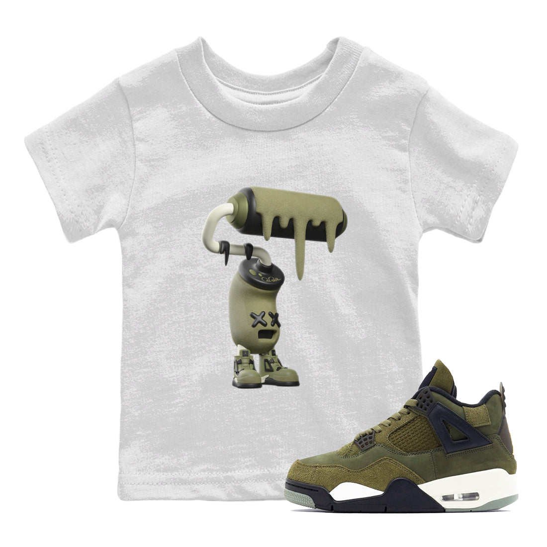 Air Jordan 4 Medium Olive shirt to match jordans streetwear brand 3D Paint Roller sneaker tees AJ4Medium Olive Drip Gear Zone Baby Toddler White 1 T-Shirt