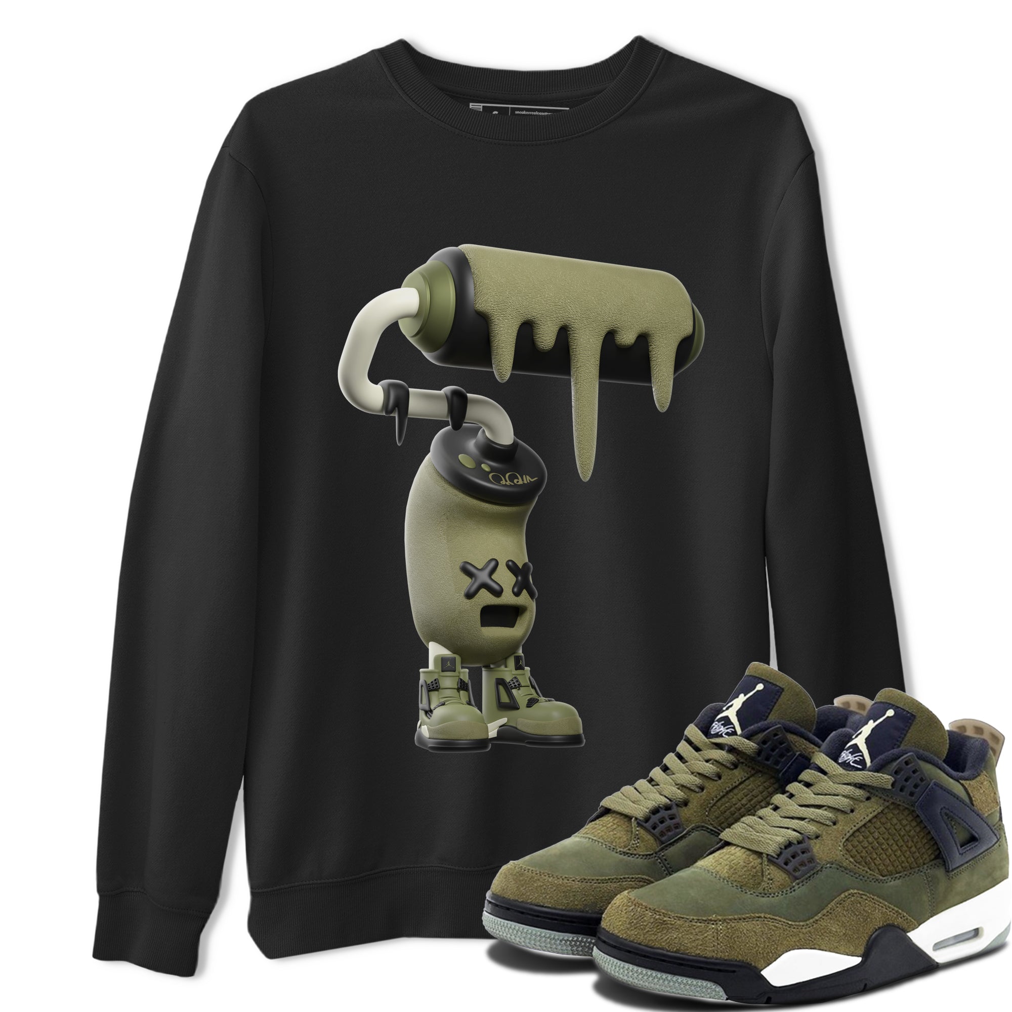 Air Jordan 4 Medium Olive shirt to match jordans streetwear brand 3D Paint Roller sneaker tees AJ4Medium Olive Drip Gear Zone Unisex Black 1 T-Shirt