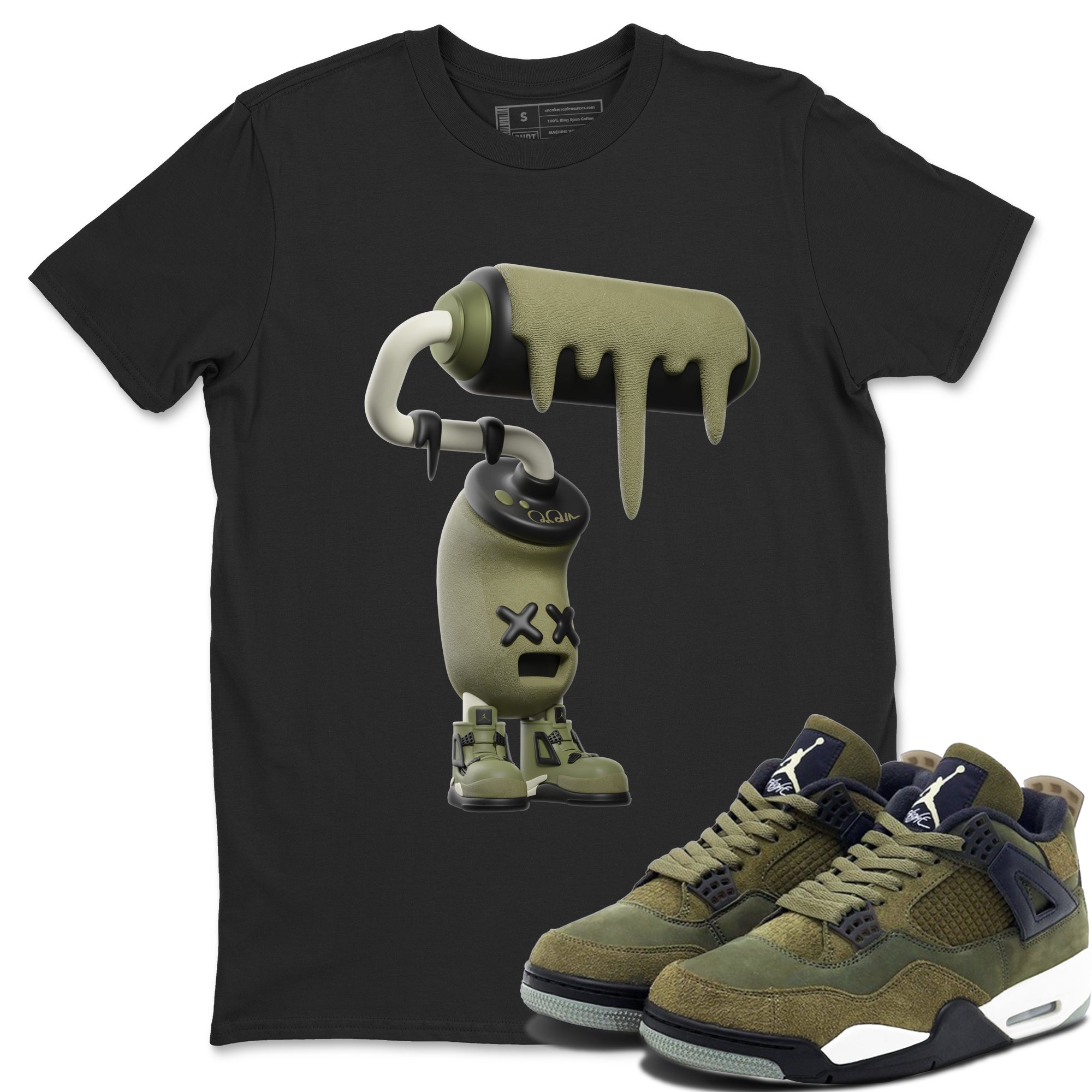 Air Jordan 4 Medium Olive shirt to match jordans streetwear brand 3D Paint Roller sneaker tees AJ4Medium Olive Drip Gear Zone Unisex Black 1 T-Shirt