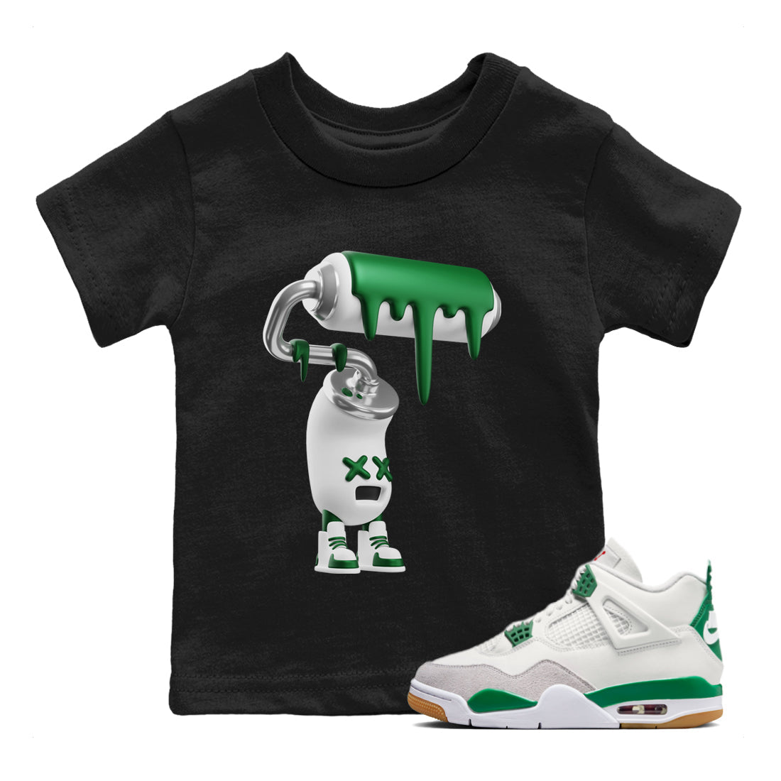 Air Jordan 4 Pine Green Sneaker Match Tees 3D Paint Roller Streetwear Sneaker Shirt AJ4 Pine Green Sneaker Release Tees Kids Shirts Black 1