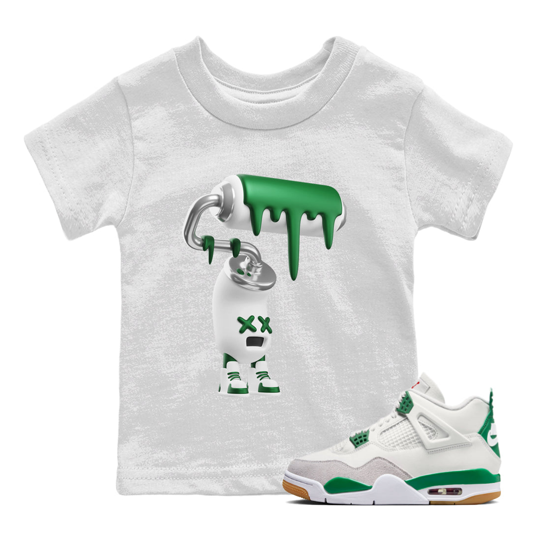 Air Jordan 4 Pine Green Sneaker Match Tees 3D Paint Roller Streetwear Sneaker Shirt AJ4 Pine Green Sneaker Release Tees Kids Shirts White 1