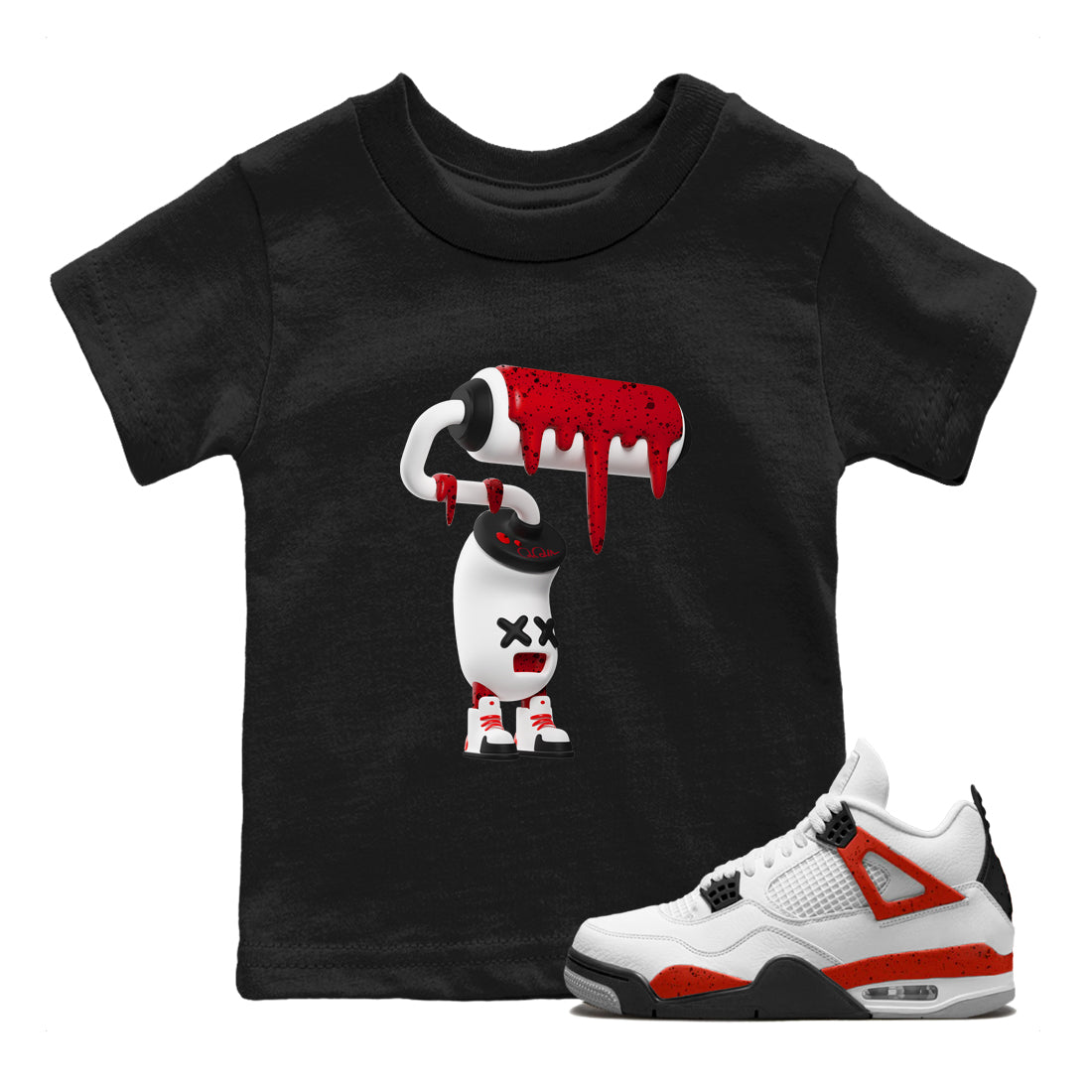 Air Jordan 4 Red Cement Sneaker Match Tees 3D Paint Roller Streetwear Sneaker Shirt AJ4 Retro OG Red Cement Sneaker Release Tees Kids Shirts Black 1