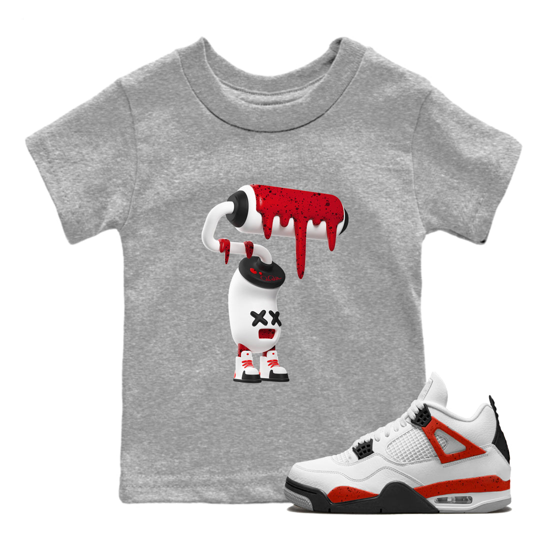 Air Jordan 4 Red Cement Sneaker Match Tees 3D Paint Roller Streetwear Sneaker Shirt AJ4 Retro OG Red Cement Sneaker Release Tees Kids Shirts Heather Grey 1
